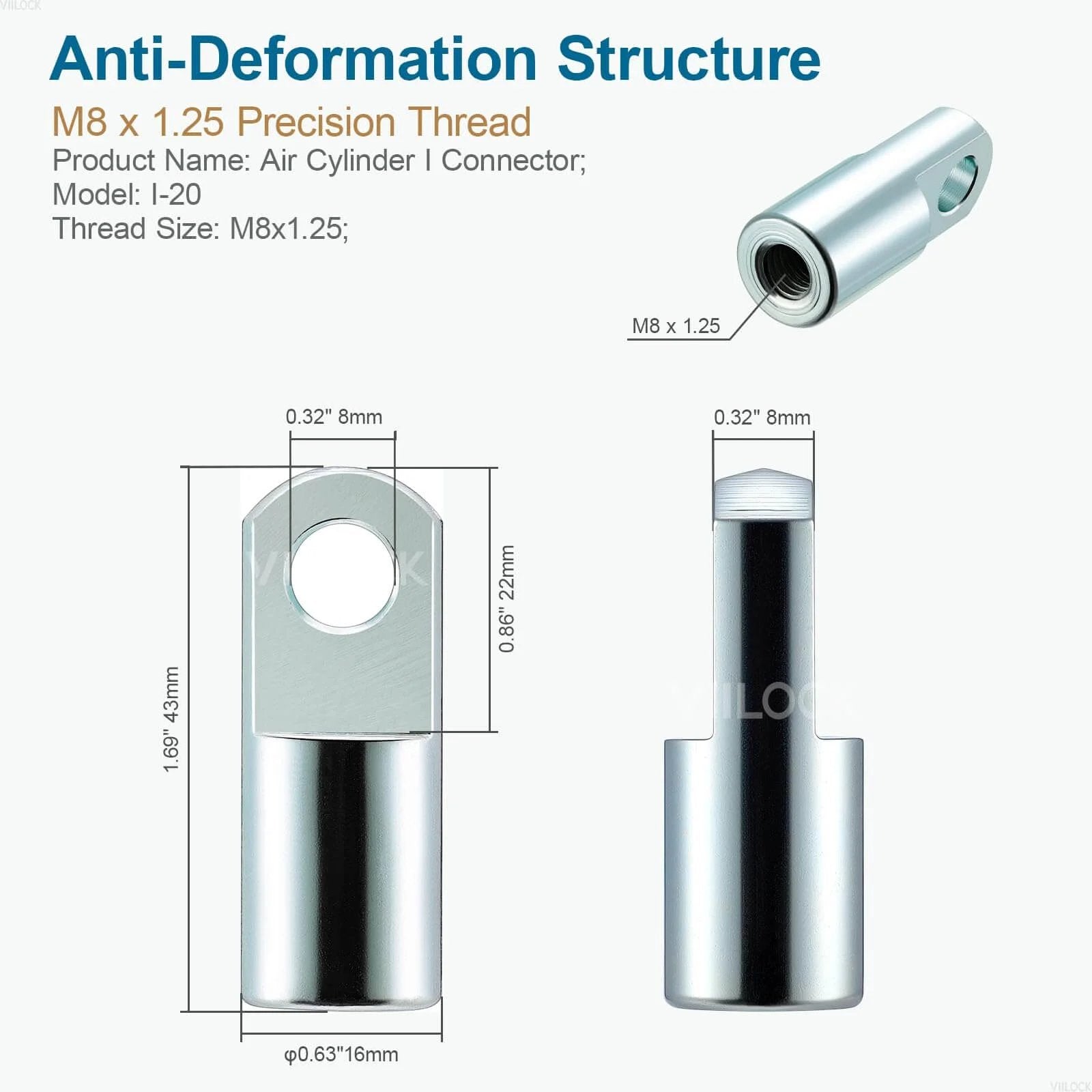 2pcs Air Cylinder Rod Clevis End, M8x1.25 Female Thread I Type Connector Air Cylinder Accessories I-20 front and side view