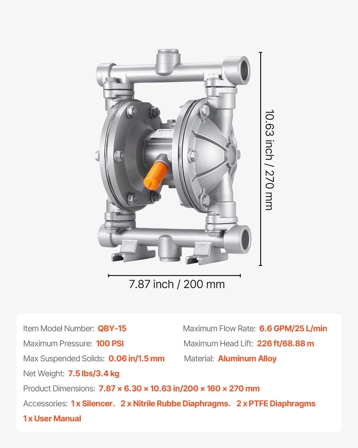 Front view of Air Operated Double Diaphragm Pump, 6.6 GPM, 3/8 inch Inlet & Outlet Pneumatic Waste Oil Transfer Pump, Max 100 PSI