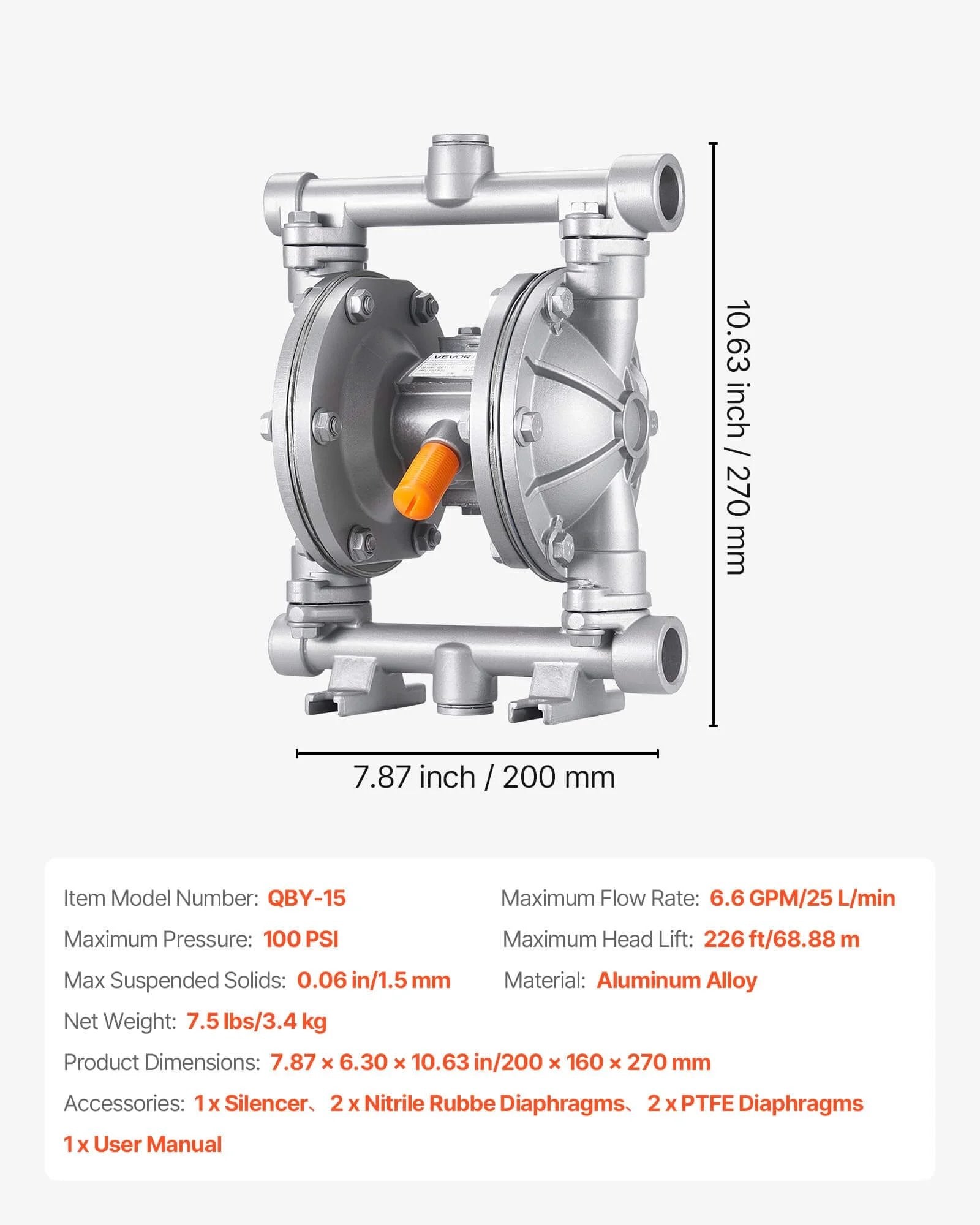 Front view of Air Operated Double Diaphragm Pump, 6.6 GPM, 3/8 inch Inlet & Outlet Pneumatic Waste Oil Transfer Pump, Max 100 PSI