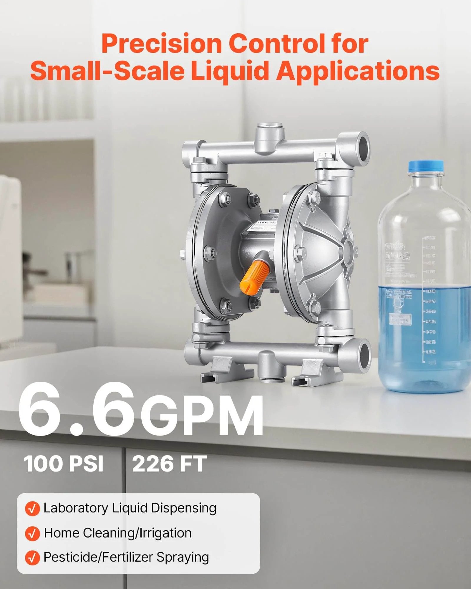Air Operated Double Diaphragm Pump, 6.6 GPM, 3/8 inch Inlet & Outlet, Aluminum Alloy Body on tabletop for liquid applications
