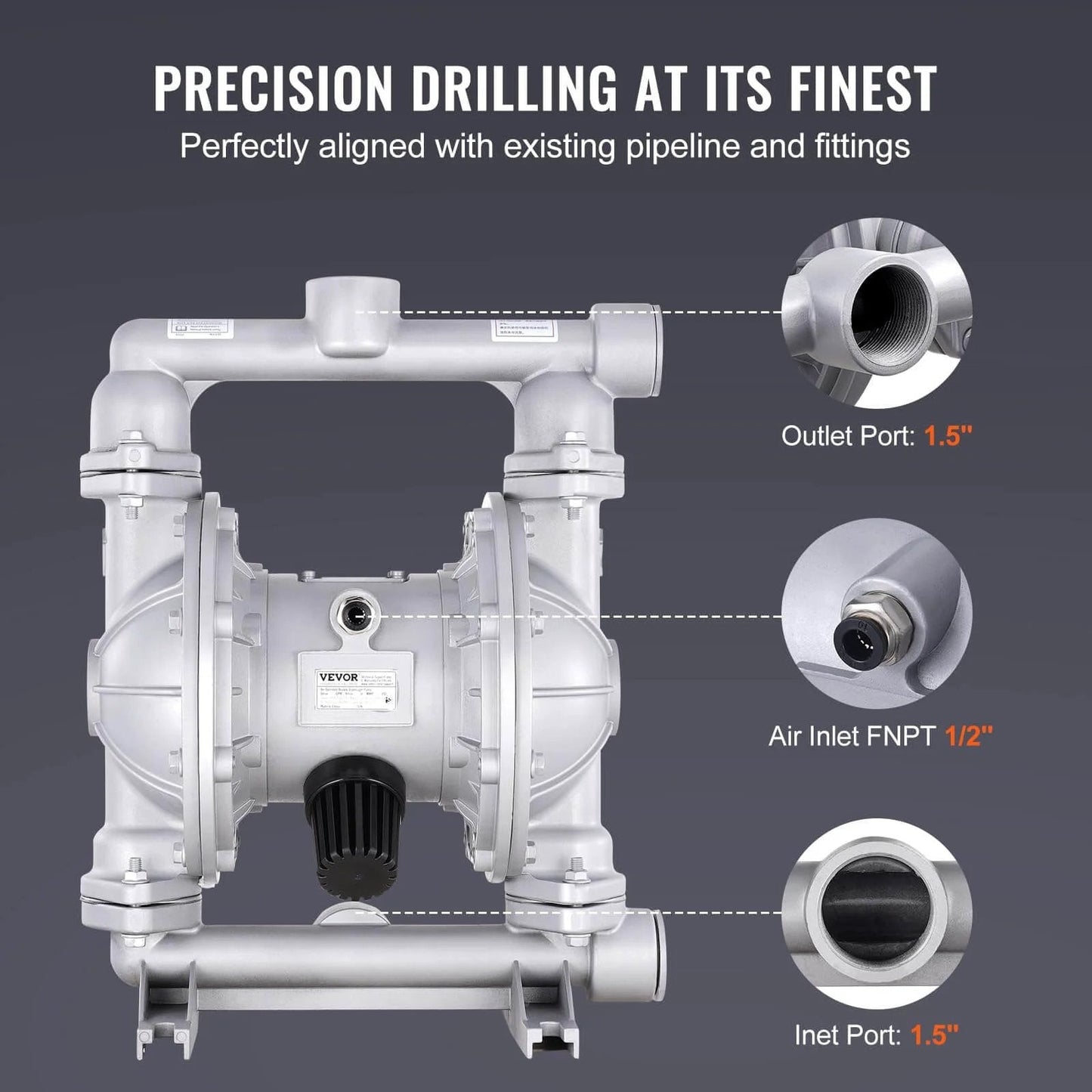 Air Operated Double Diaphragm Pump, 44GPM, Max 115PSI Air Waste Oil Pneumatic Transfer Pump with 2 Extra Diaphragms, 1-1/2 inch Inlet & Outlet Aluminum Alloy Diaphragm Pump for Diesel Grease Oil, showcasing key ports and alignments in a precision drilling setup.