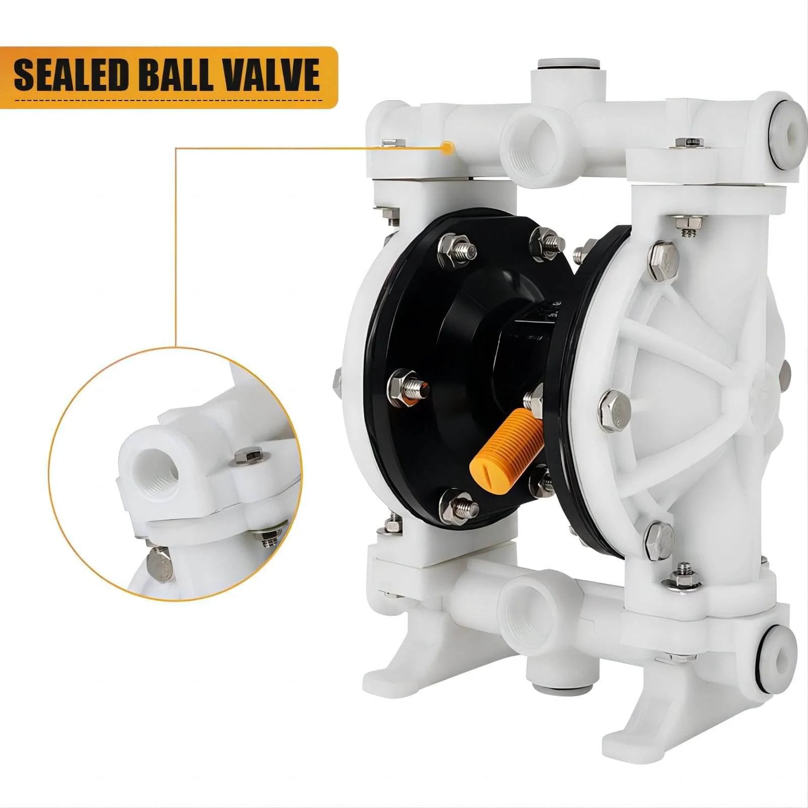 Air Operated Double Diaphragm Pump QBK-15 with sealed ball valve detail, 1/2 inch outlet, PTFE nitrile diaphragm, industrial use