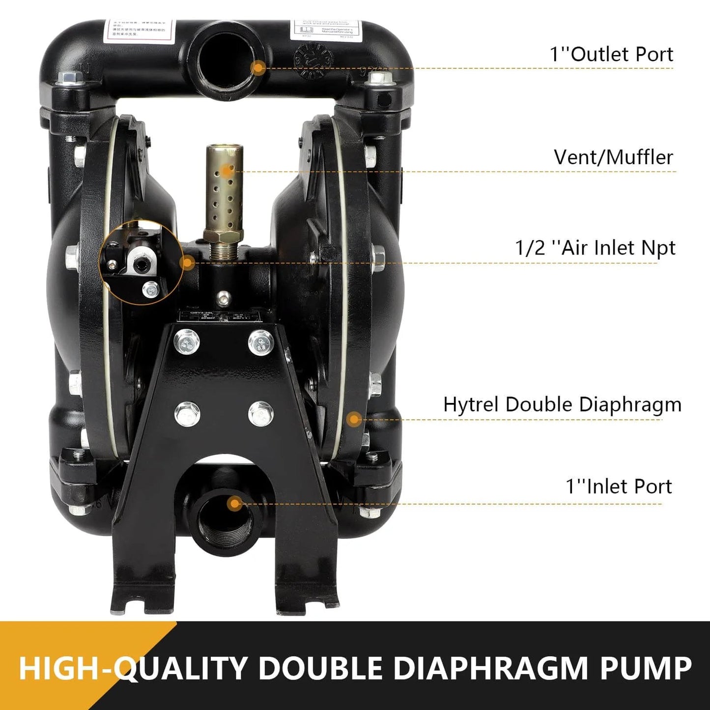 Front view of Air Operated Double Diaphragm Pump QBY4-25L, 1 inch outlet, 35 GPM, showcasing outlet port and diaphragm design.