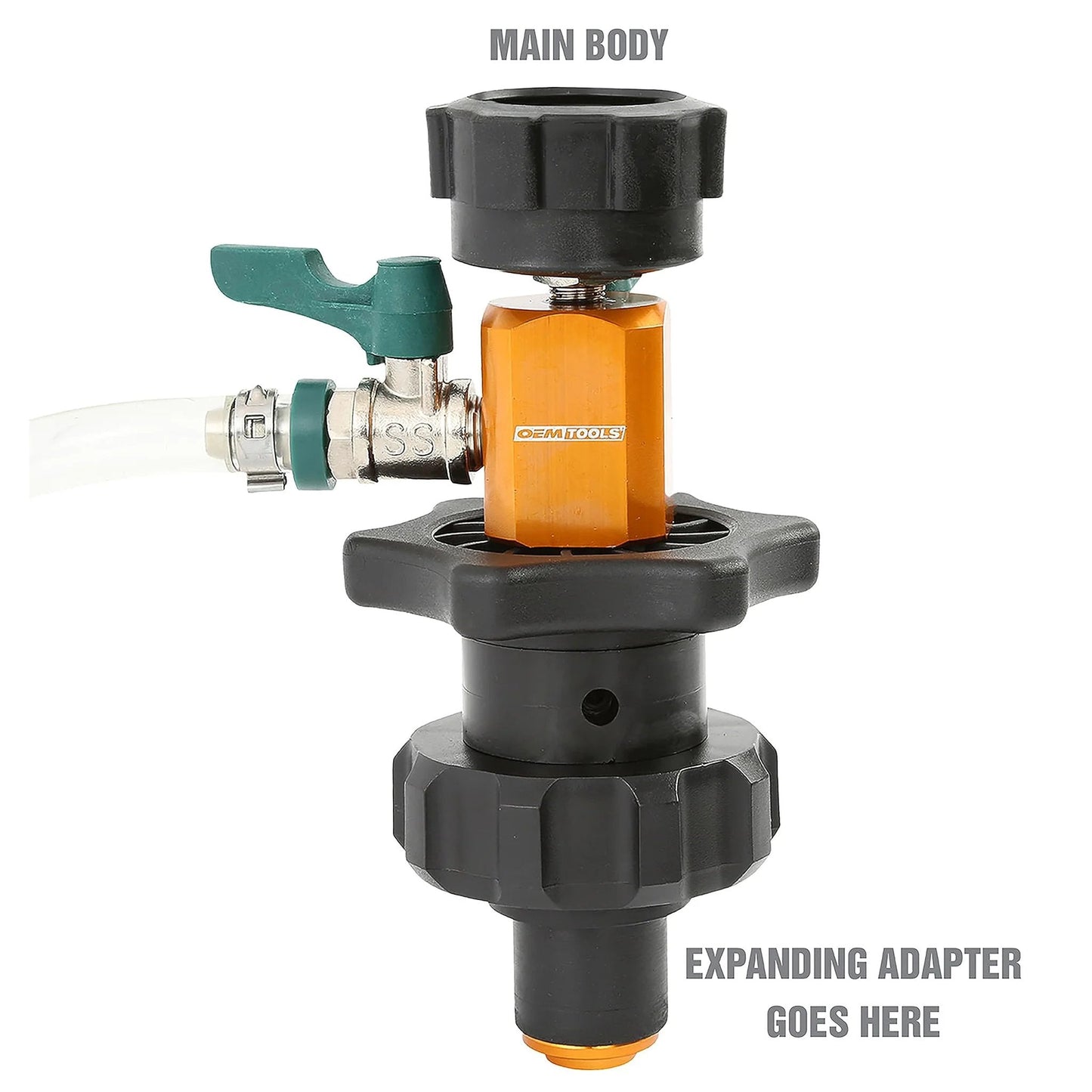 Close-up of Air Evac Cooling System Refiller Kit showing main body and expanding adapter for quick refill and air removal.