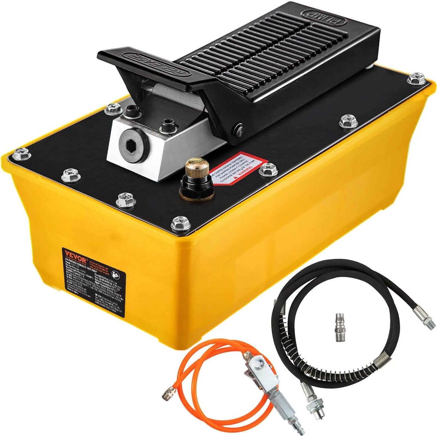 Air Hydraulic Pump, 10,000 PSI Hydraulic Foot Pump with 0.6 Gal Reservoir, hose, and spray gun for heavy machinery rigging displayed