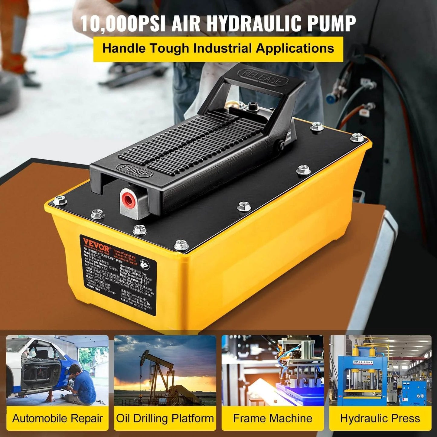 Air Hydraulic Pump, 10,000 PSI Hydraulic Foot Pump displayed on a table, with images illustrating uses like auto repair and machinery.