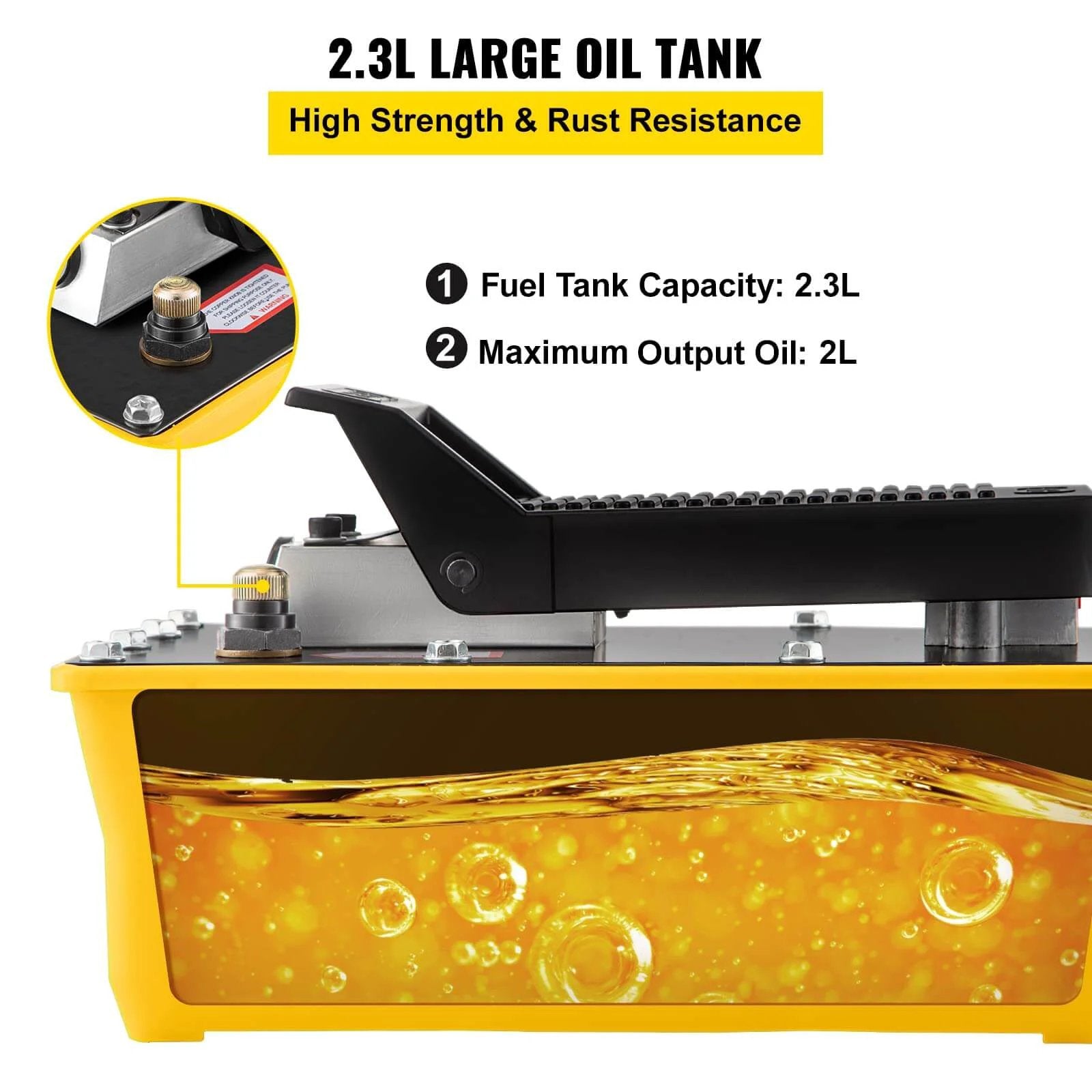 Air Hydraulic Pump, 10,000 PSI Hydraulic Foot Pump showing 2.3L oil tank capacity and rust-resistant design for heavy-duty use.