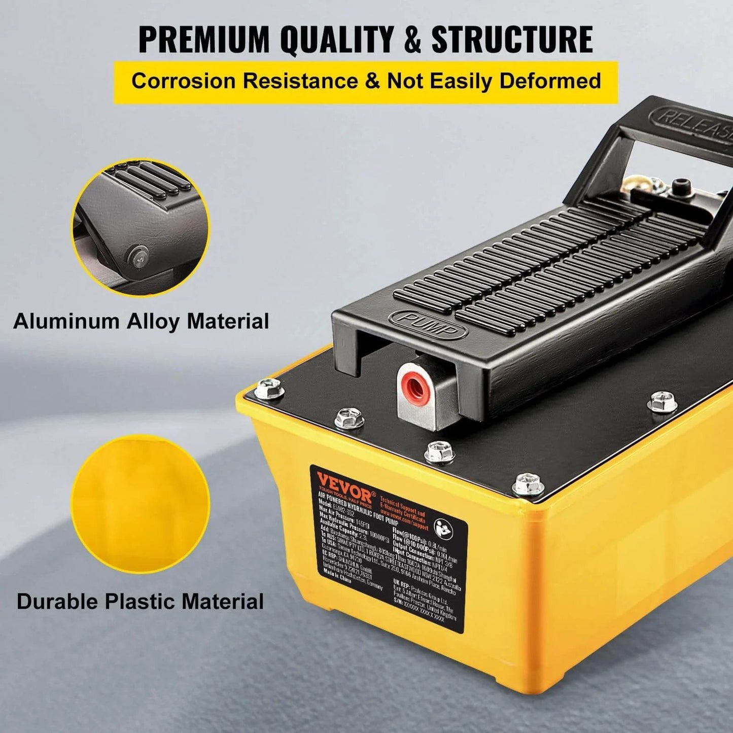Air Hydraulic Pump, 10,000 PSI Hydraulic Foot Pump with aluminum alloy and plastic materials, close-up view.