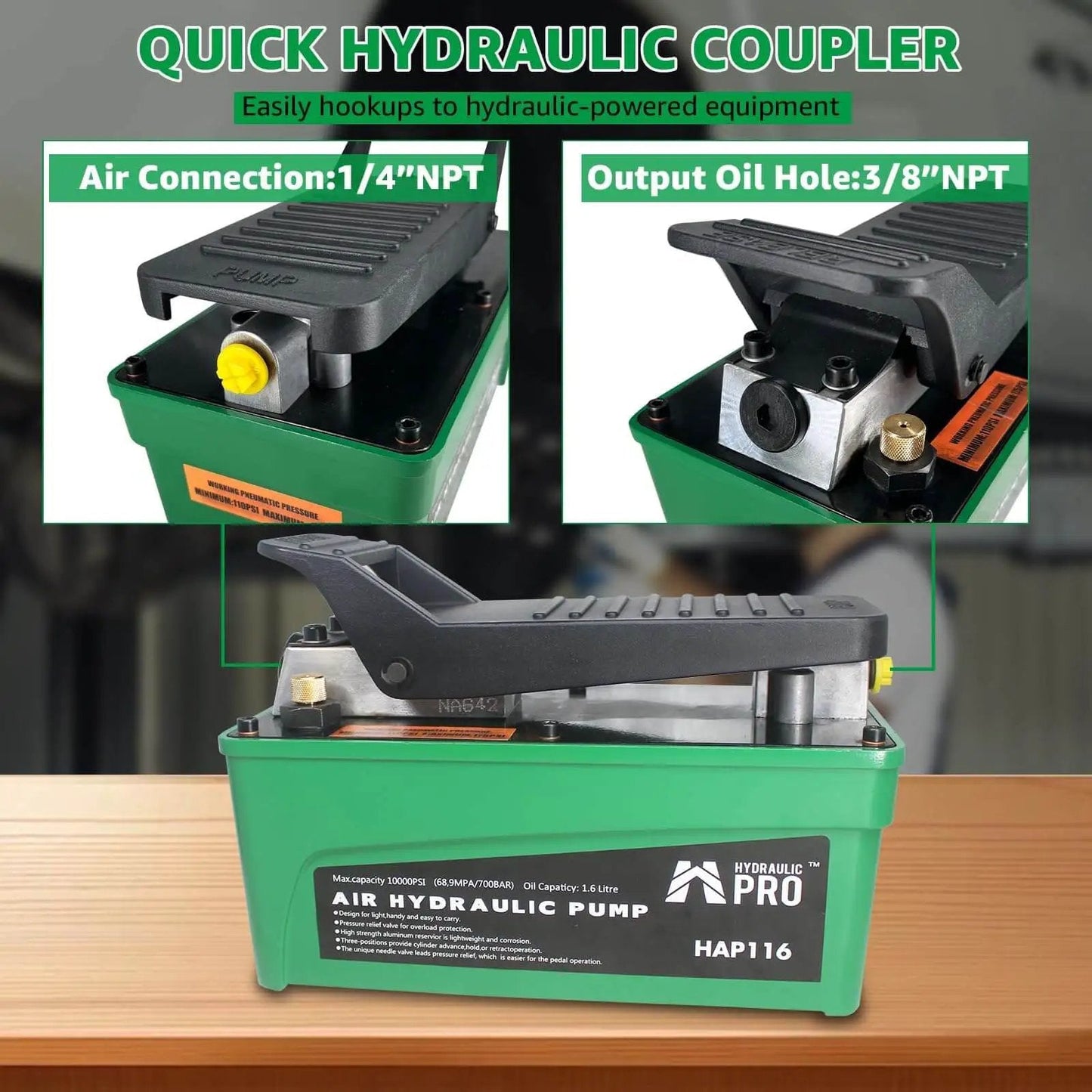 Powerful 10,000 PSI Air Hydraulic Pump With 1.6L Reservoir And Foot Pedal, Three Eighths NPT Oil Outlet, One Quarter Inlet