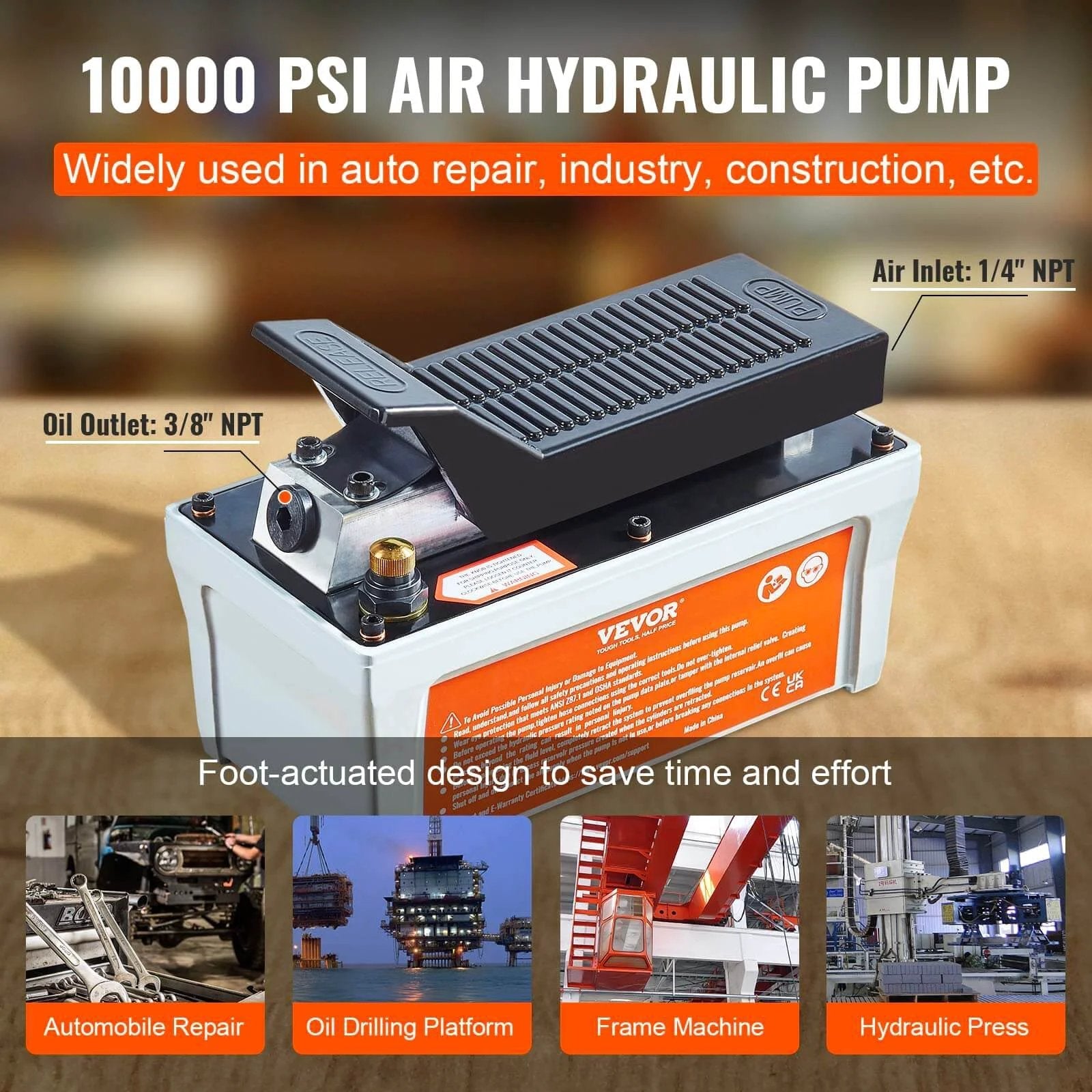 Air Hydraulic Pump, 10,000 PSI 1/2 Gal Reservoir, NPT 3/8" Outlet, NPT 1/4" Inlet, shown with foot treadle, used in auto repair.
