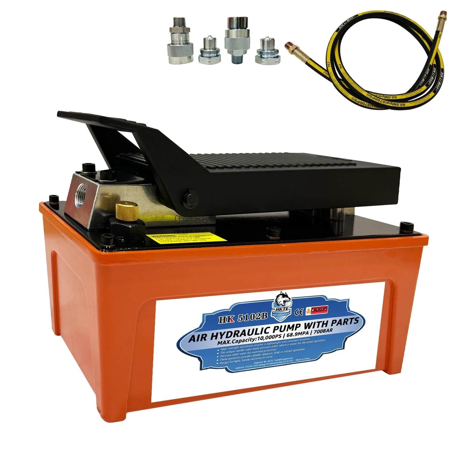 HKTE Air Hydraulic Pump, Pedal-Activated, High-Pressure 10K PSI, 0.5 Gallon Tank, Industrial Grade, with quick connectors and hoses