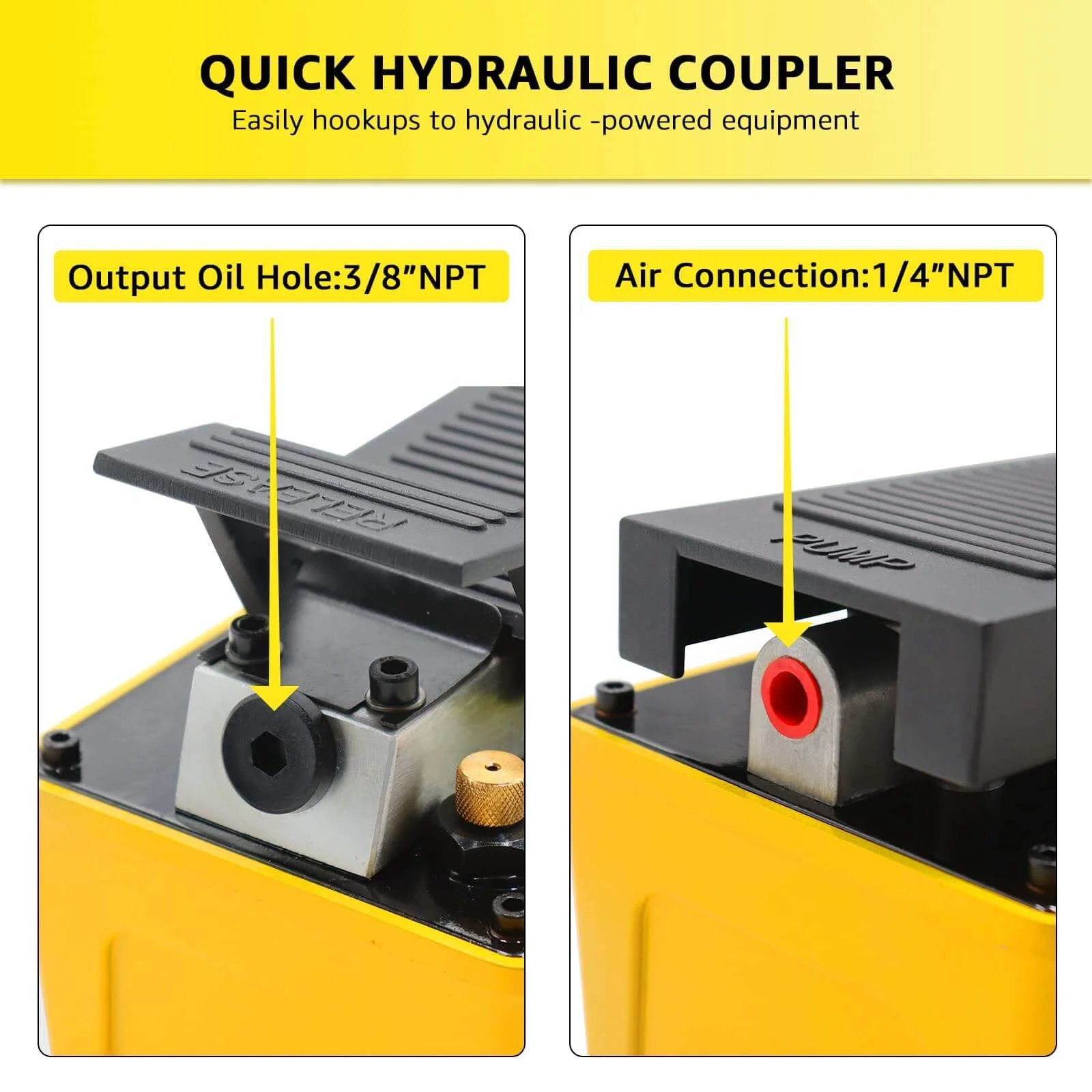 Air Hydraulic Pump, 10,000 PSI 1/2 Gal Reservoir, NPT 3/8" Oil Outlet, quick hydraulic coupler details in yellow