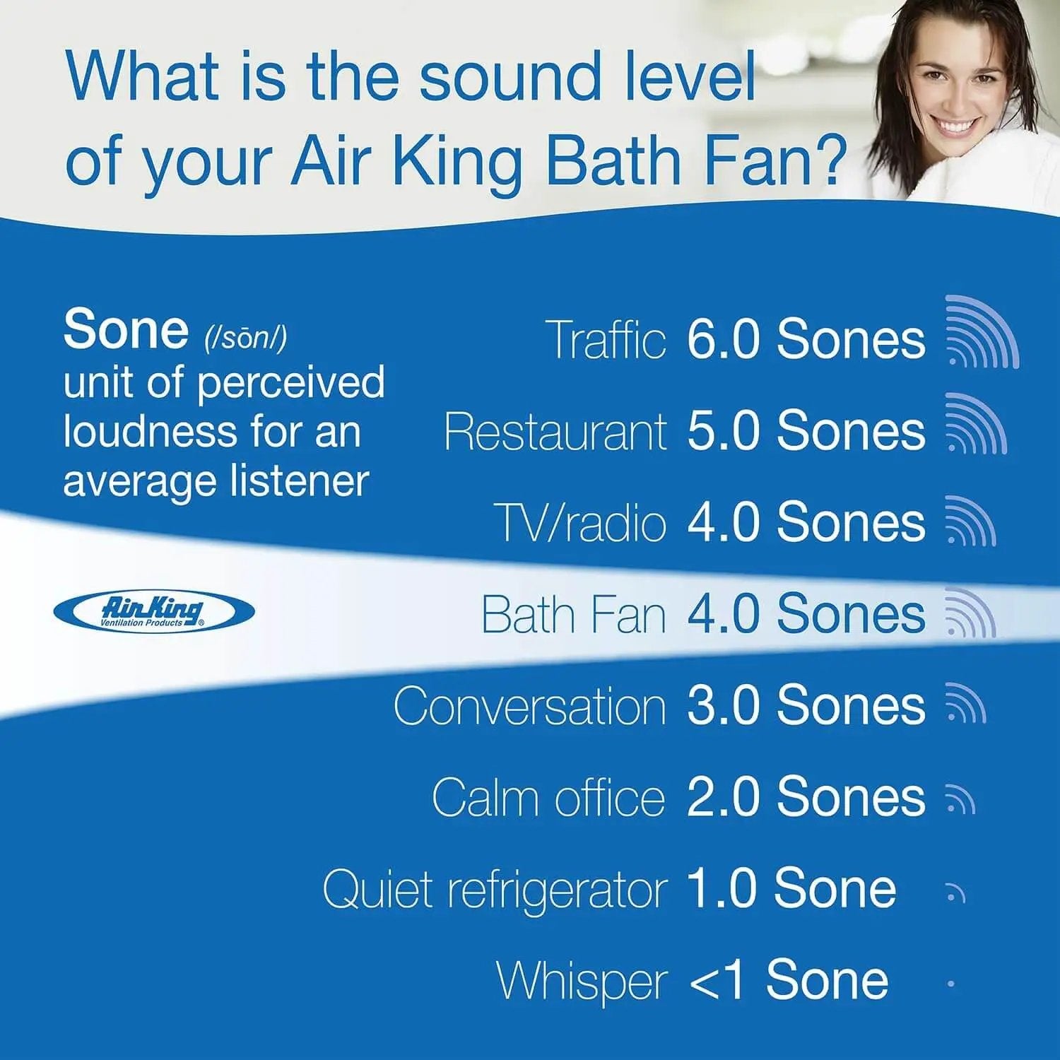 Chart showing sound levels in sones for various environments including Air King Bath Fan at 4.0 sones, with smiling person.