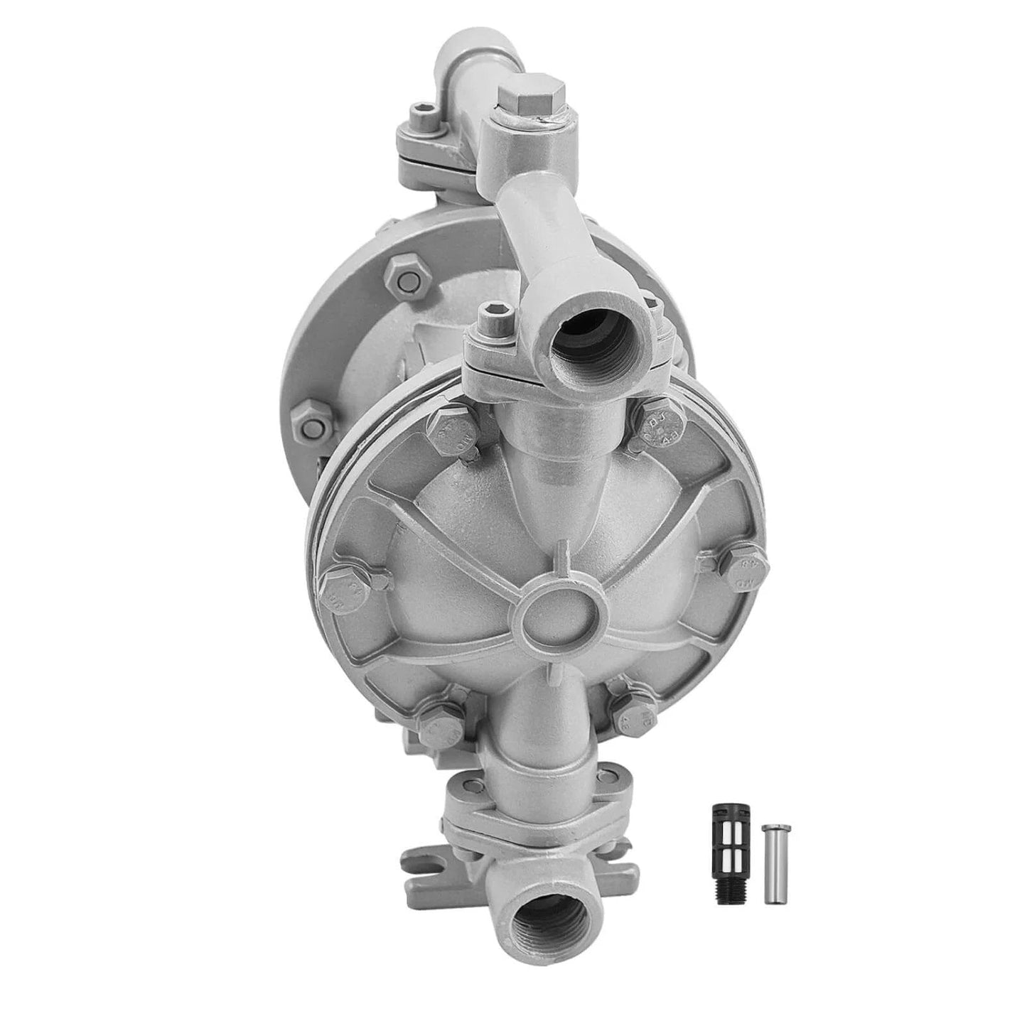 Front view of Air Operated Double Diaphragm Pump 1/2 inch Inlet/Outlet Max 115PSI for waste oil transfer, aluminum body and fittings.