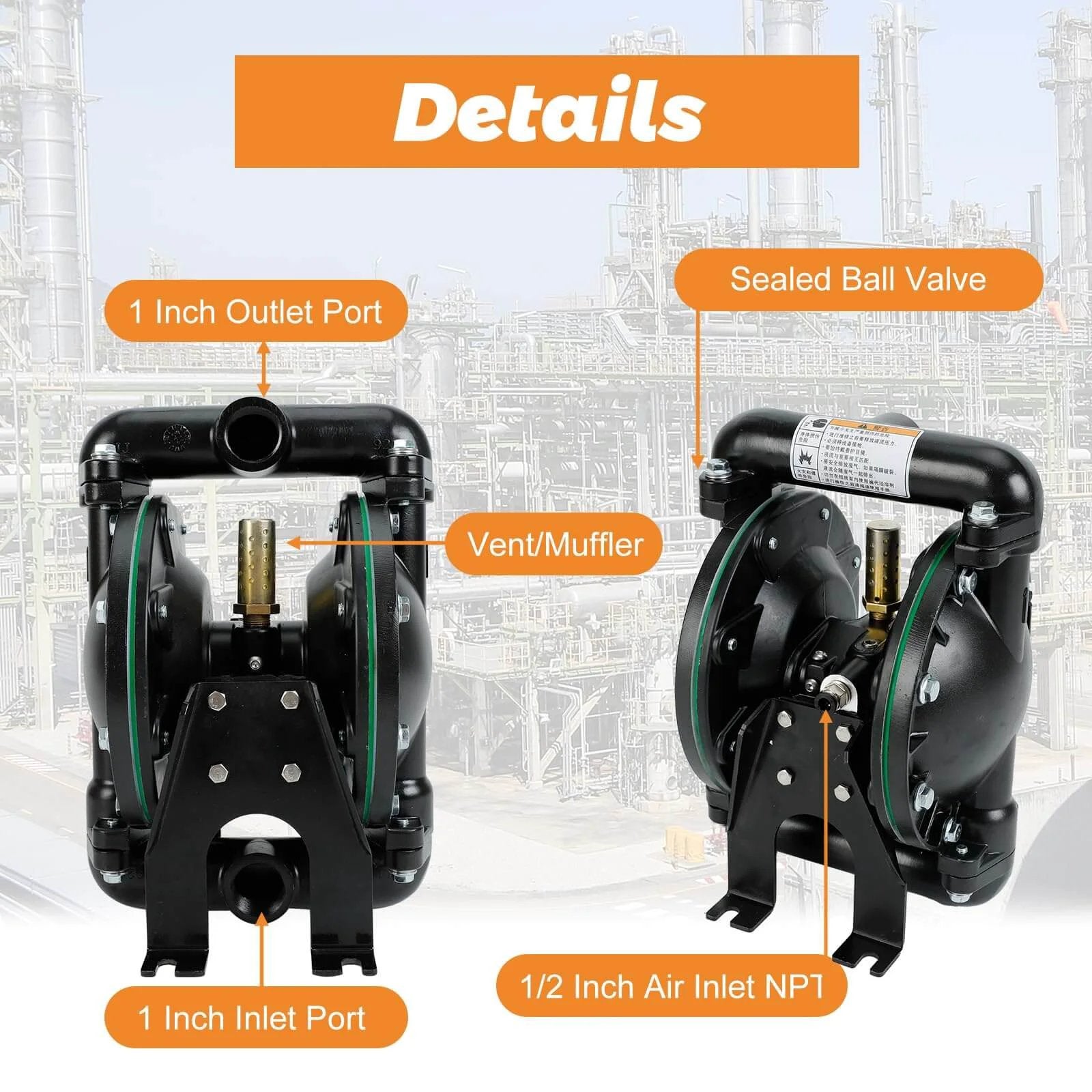 Air-Operated Double Diaphragm Pump, 35 GPM Dual Diaphragm Air Pump Pneumatic Waste Oil Transfer Pump for Chemical, 1 Inch Inlet/Outlet Port with detailed labels for components.