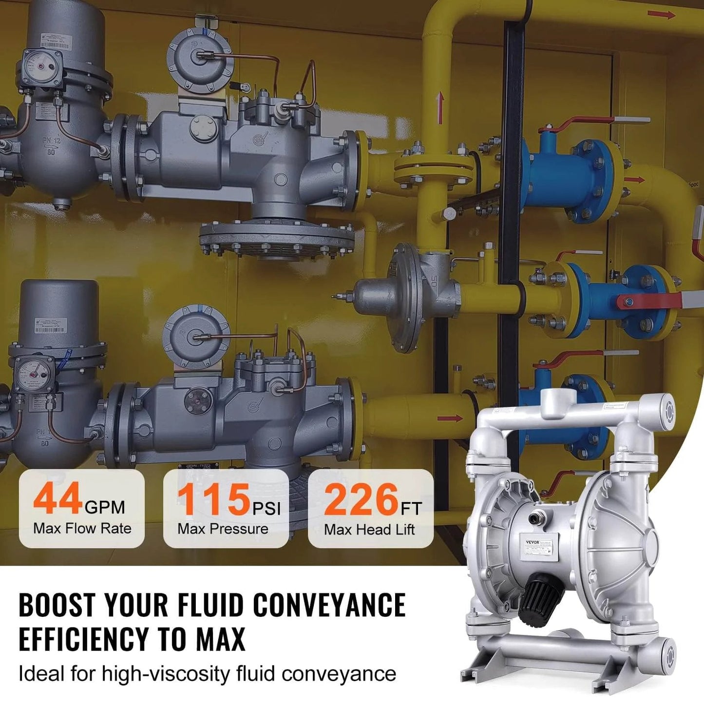 Air Operated Double Diaphragm Pump, 44GPM, Max 115PSI Air Waste Oil Pneumatic Transfer Pump with 2 Extra Diaphragms, setup illustration