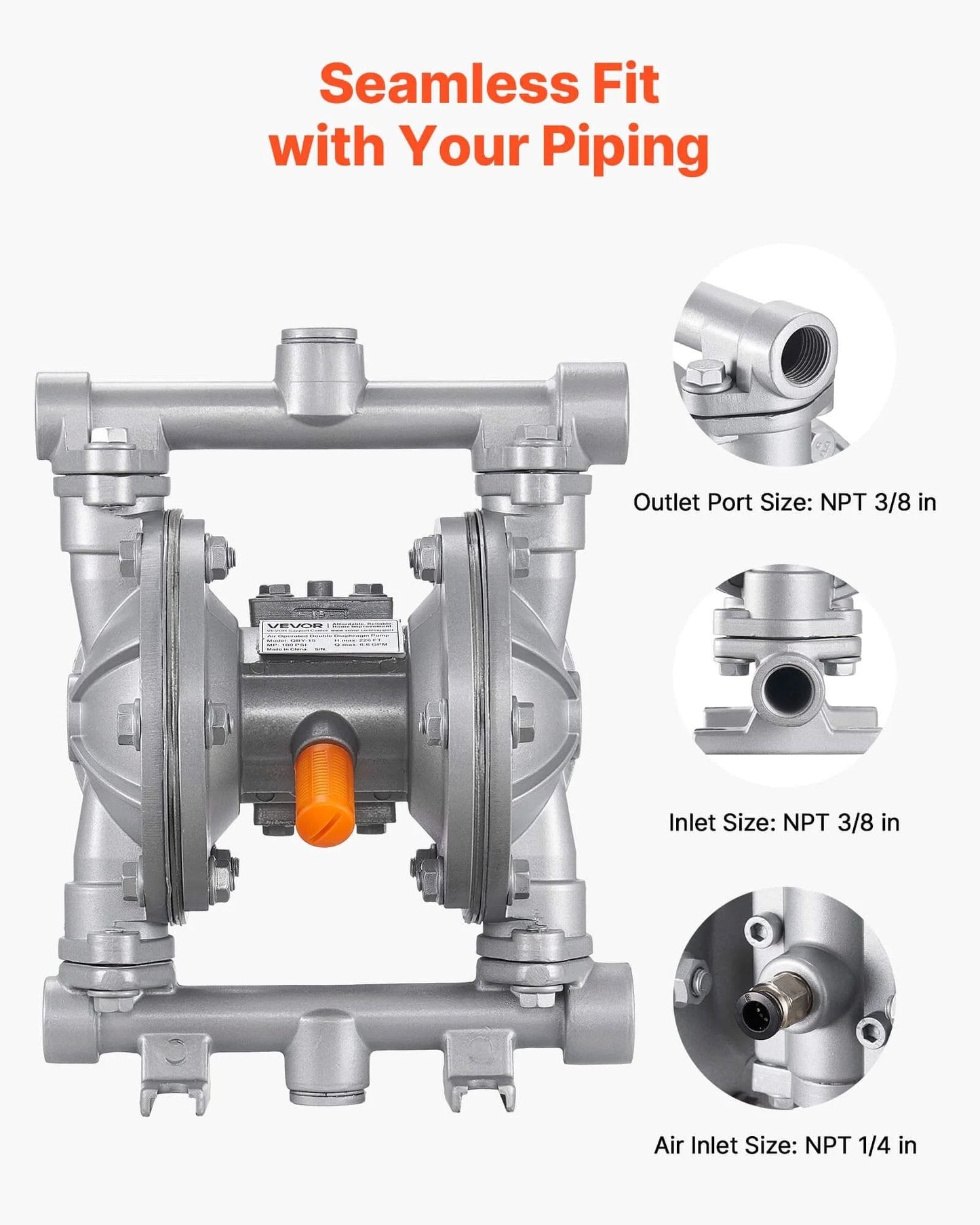 Air Operated Double Diaphragm Pump, 6.6 GPM, 3/8 inch inlet & outlet pneumatic waste oil transfer pump with aluminum alloy body