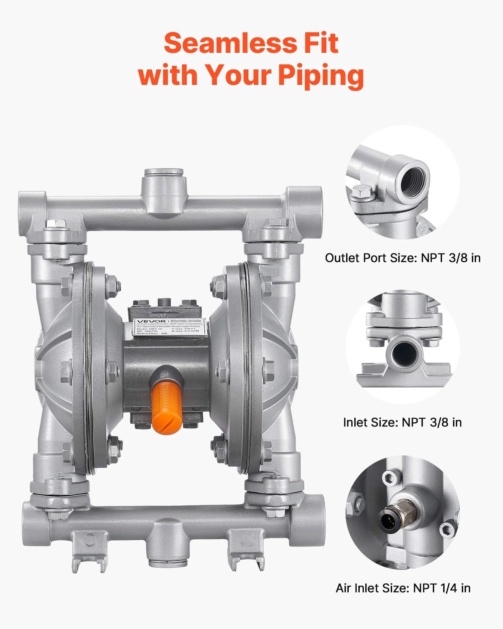 Air Operated Double Diaphragm Pump, 6.6 GPM, 3/8 inch inlet & outlet pneumatic waste oil transfer pump with aluminum alloy body