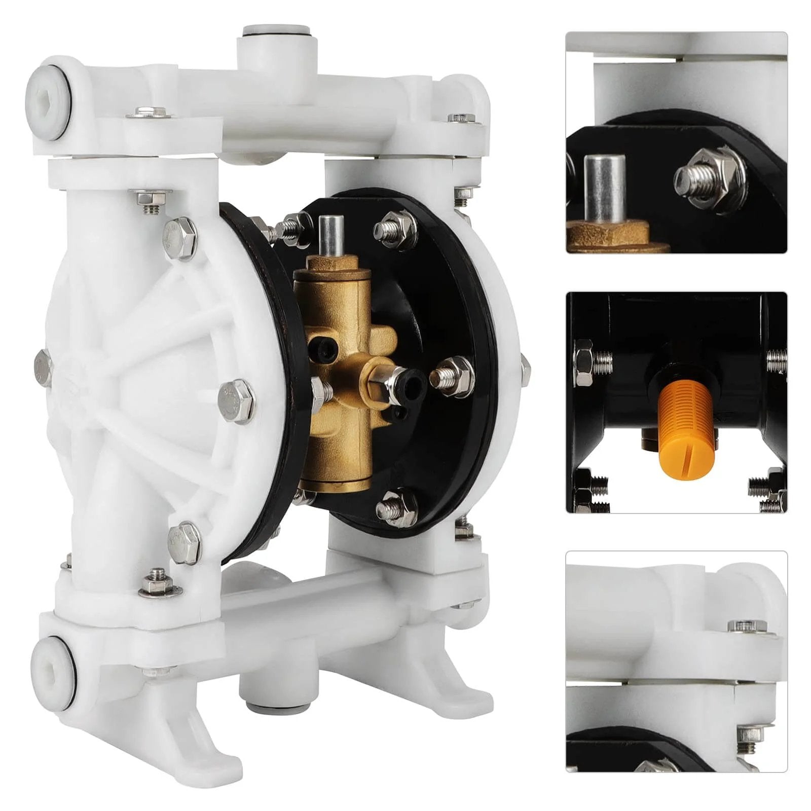 Air Operated Double Diaphragm Pump QBK-15 1/2 inch Outlet 12 GPM Pneumatic Transfer, white plastic and stainless steel body, close-up.
