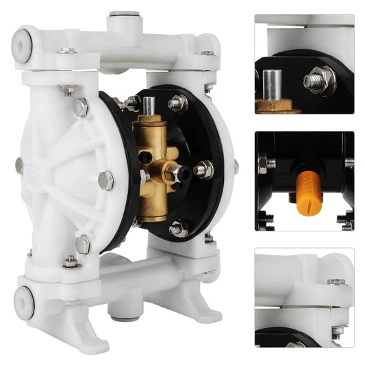 Air Operated Double Diaphragm Pump QBK-15 1/2 inch Outlet 12 GPM Pneumatic Transfer, white plastic and stainless steel body, close-up.