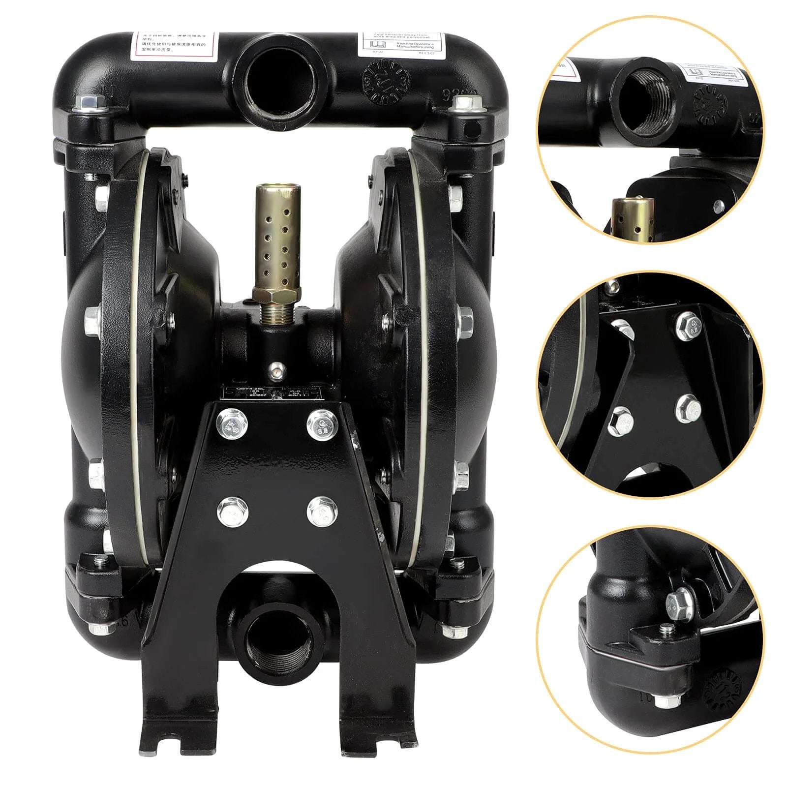 Air Operated Double Diaphragm Pump QBY4-25L 1 inch Outlet 35 GPM Pneumatic Transfer Max 120 PSI Industrial Use Chemical Waste Oil Dual Dissepiment Nitrile Fluorine Rubber by Cast Iron Aluminum Alloy front view with close-up details