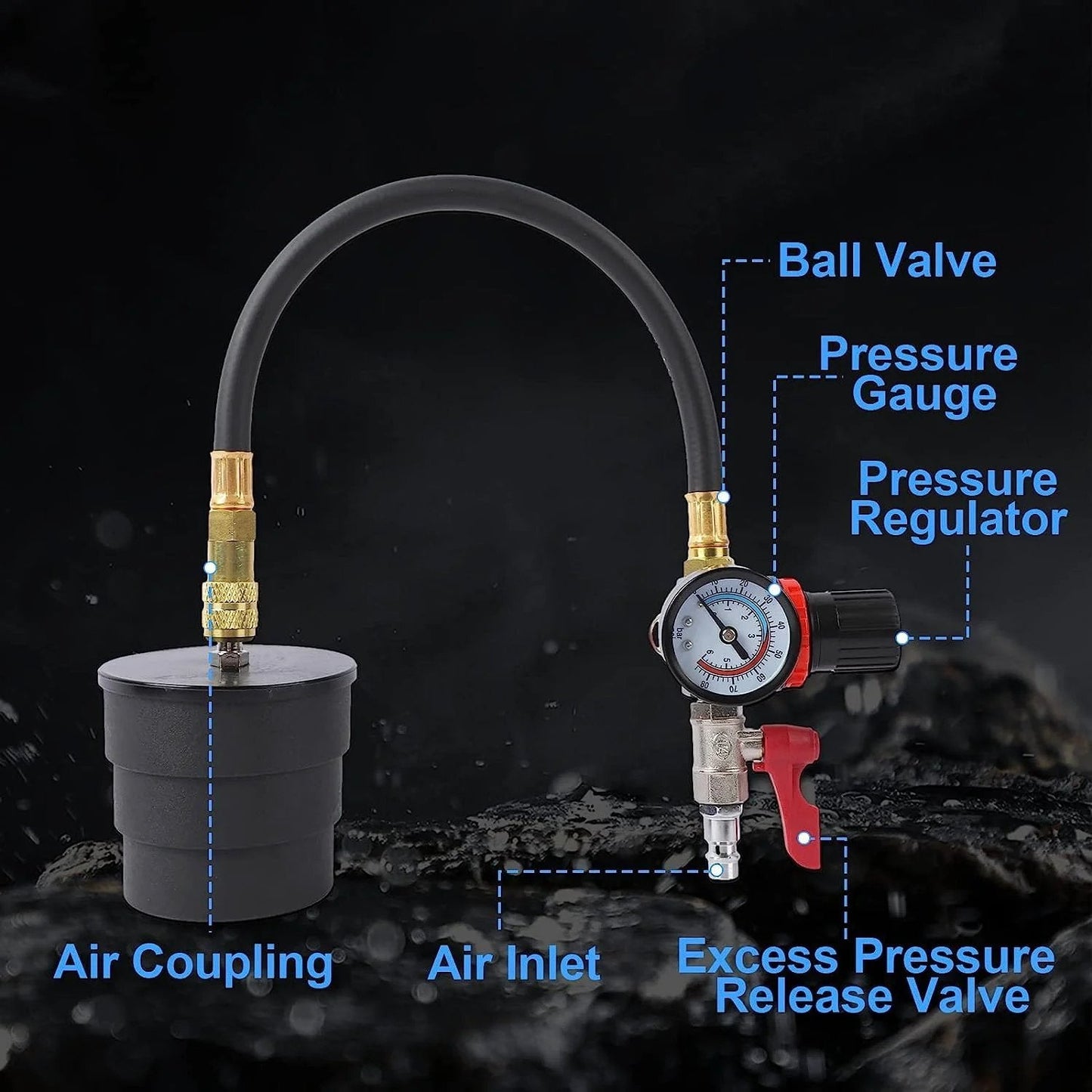 Close-up of Turbo Boost Leak Tester Kit With Pressure Gauge showing air inlet, gauge, regulator, and coupling parts.