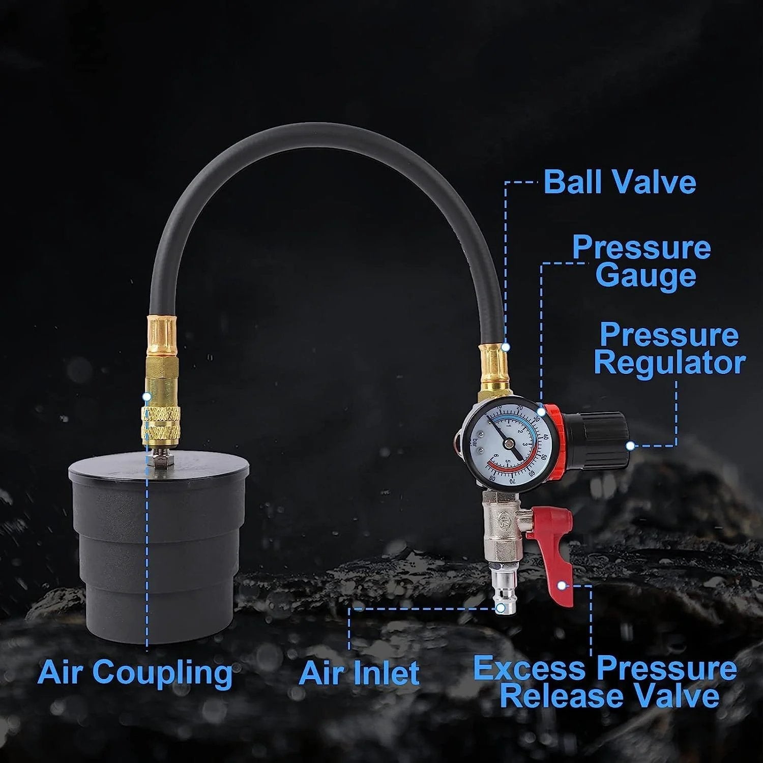 Close-up of Turbo Boost Leak Tester Kit With Pressure Gauge showing air inlet, gauge, regulator, and coupling parts.