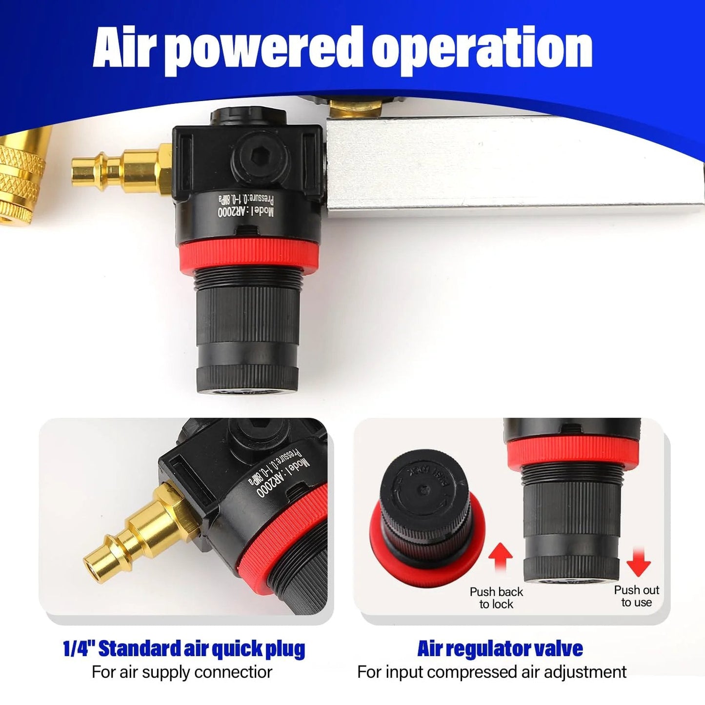 Close-up view of TU21 Engine Cylinder Leak Down Tester Kit air supply connector and regulator valve detail, for compression testing.