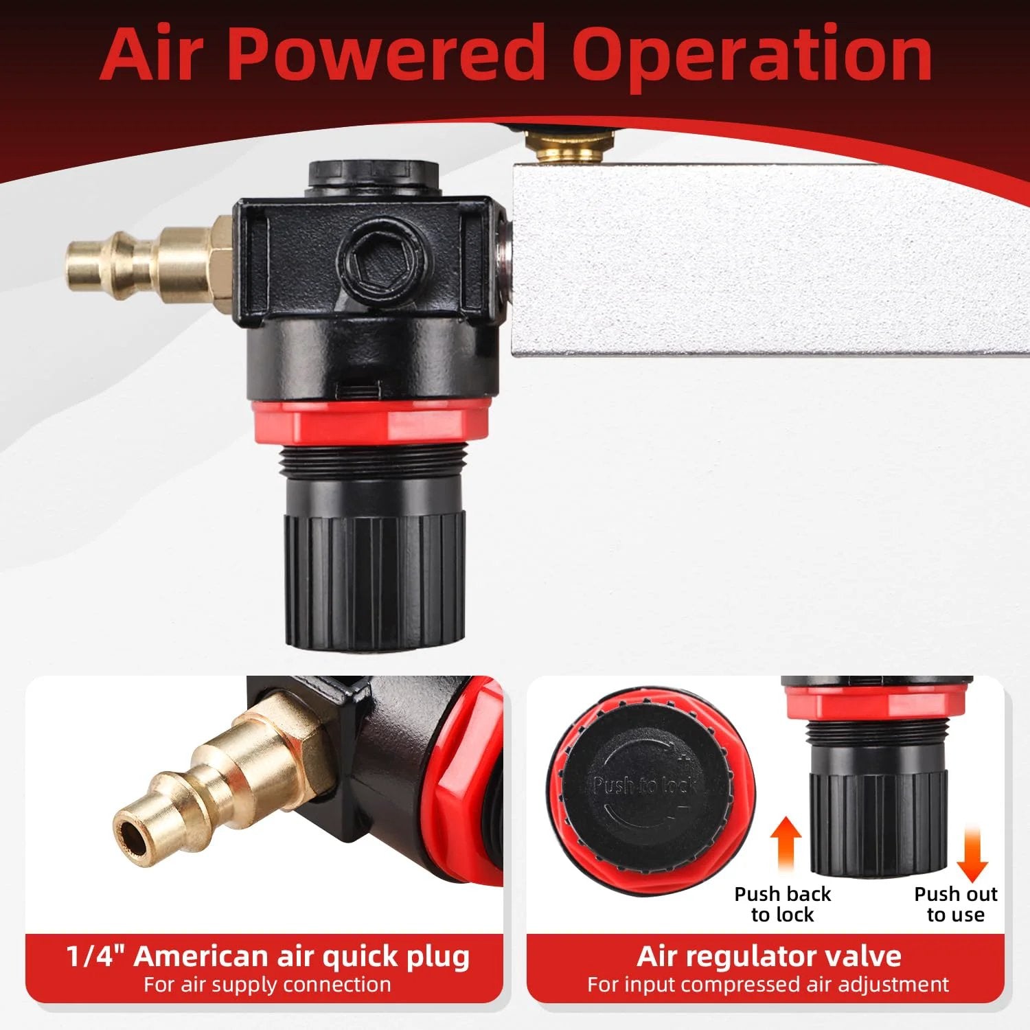 Close-up of air regulator valve and 1/4" American air quick plug for air supply connection, air-powered operation component.