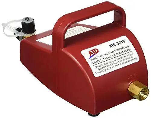 Powerful Air Operated Vacuum Pump For Automotive AC Systems ATD Tools 3410 with 4.2 CFM at 90 PSI, includes fittings, red design