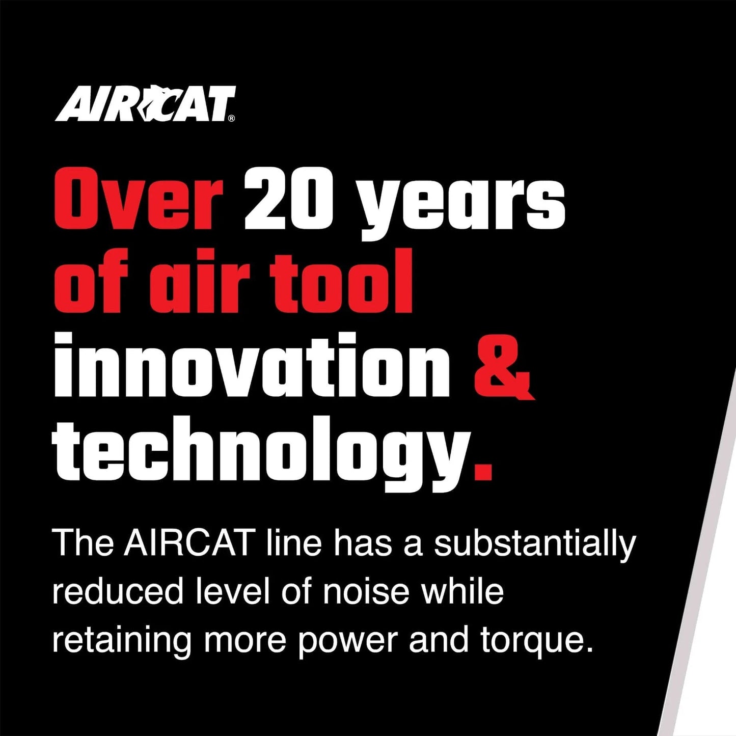 AIRCAT promotional graphic highlighting 20 years of air tool innovation and technology, emphasizing power and low noise.