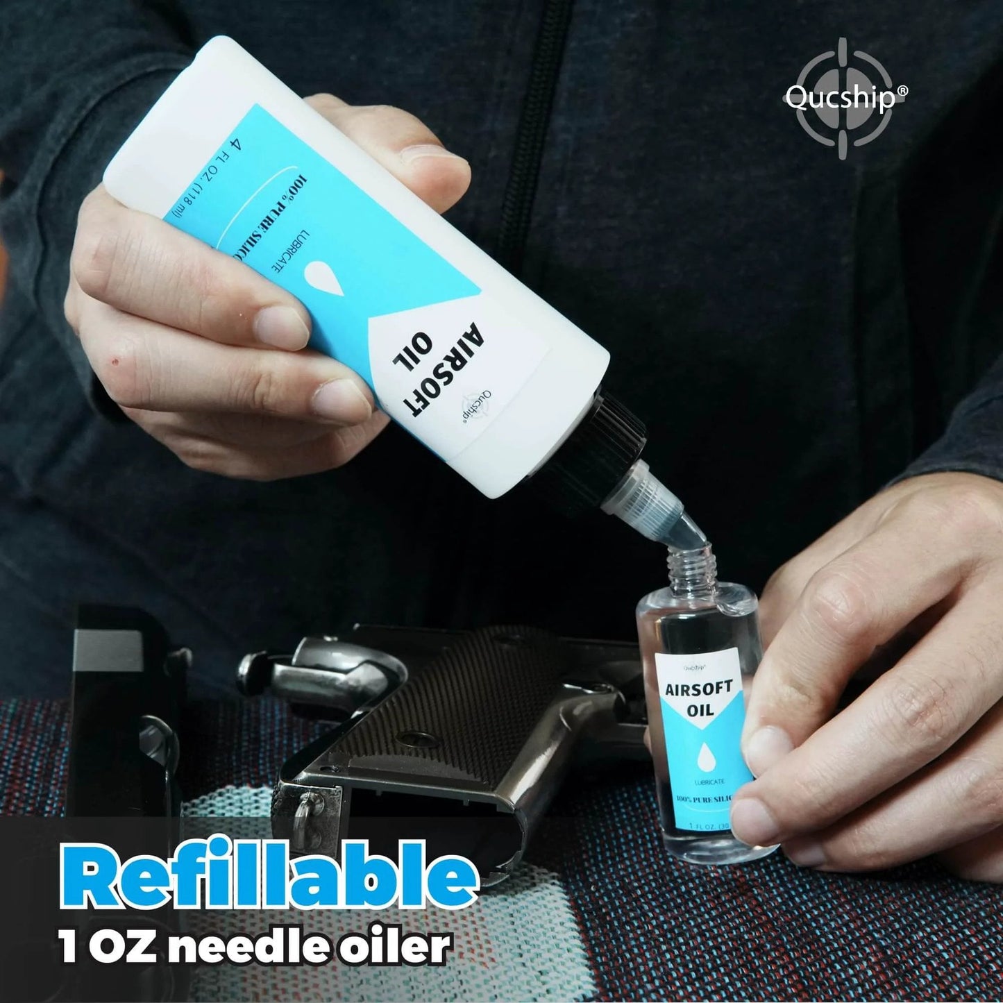 Person using Airsoft Oil 4 oz & 1 oz Needle Oiler 100% Silicone Air Gun Oil to lubricate airsoft gun on table.