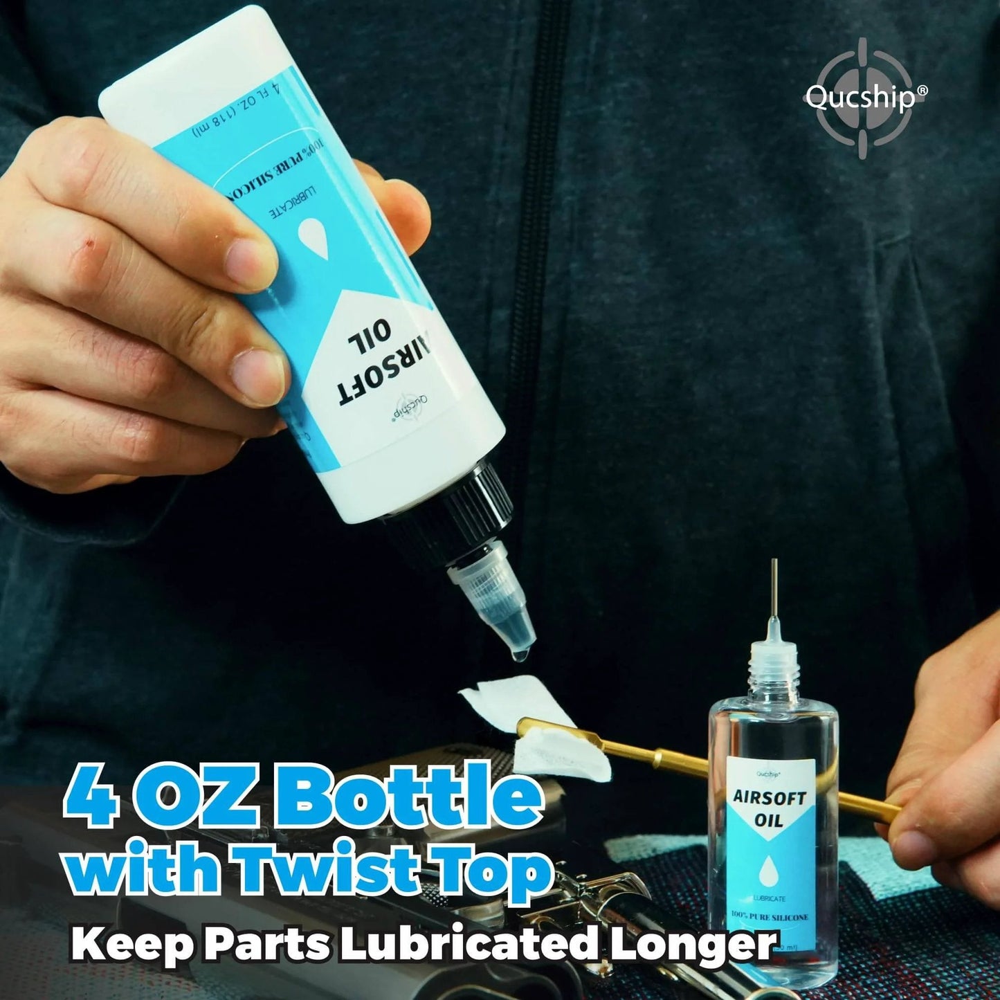 Person using Airsoft Oil 4 oz & 1 oz Needle Oiler 100% Silicone Air Gun Oil, Multi-Purpose Airsoft Chamber Lube on a cleaning cloth.