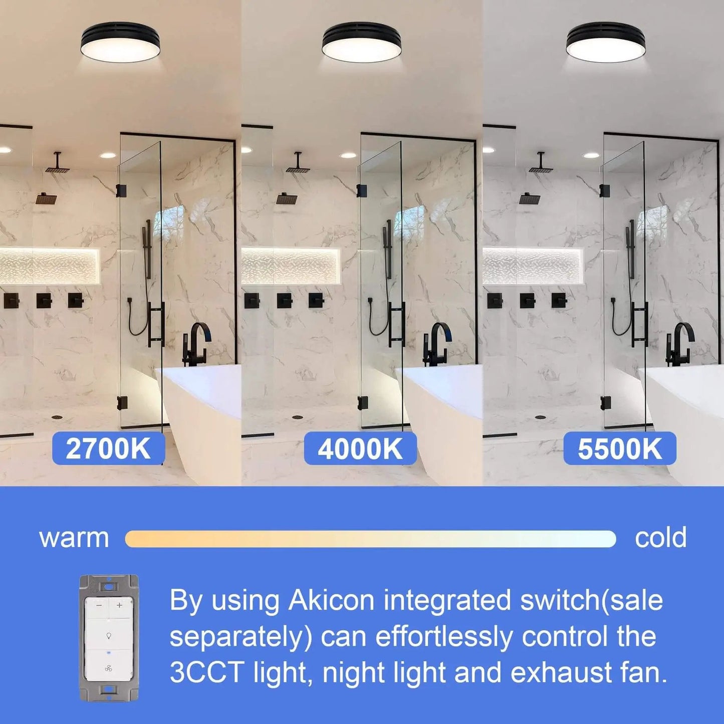 Powerful 110 CFM Bathroom Exhaust Fan With Light From Akicon, Ultra Quiet 2.0 Sones, showcasing light color options in a bathroom.