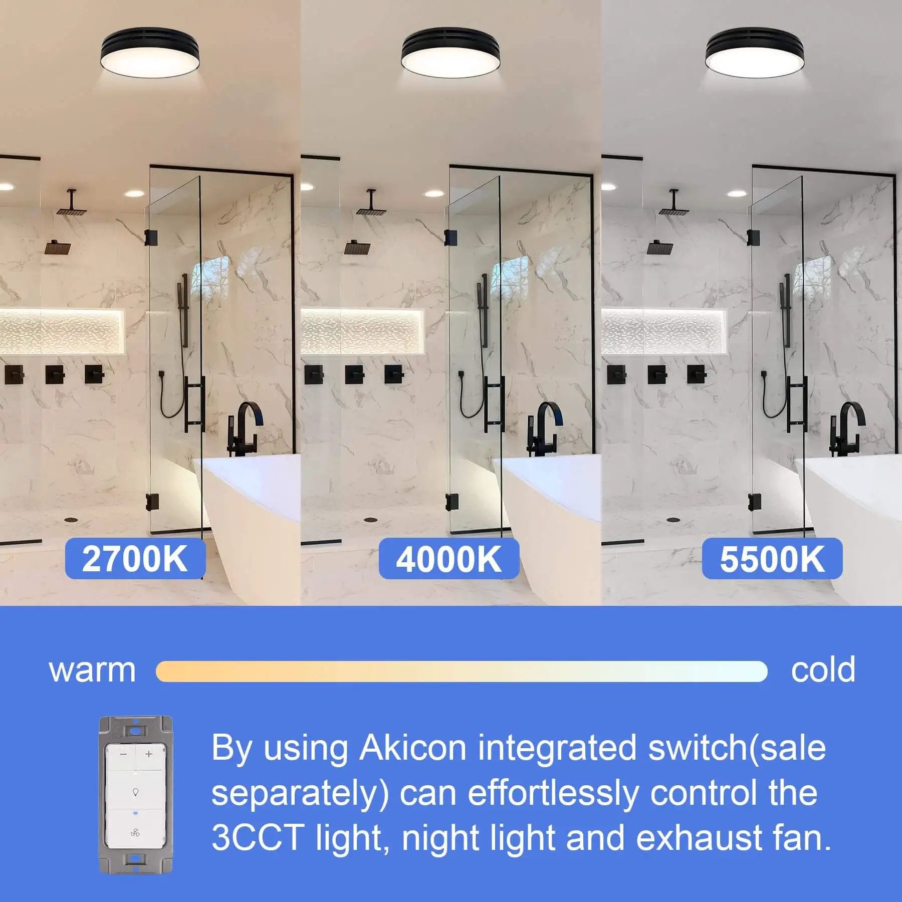 Powerful 110 CFM Bathroom Exhaust Fan With Light From Akicon, Ultra Quiet 2.0 Sones, showcasing light color options in a bathroom.