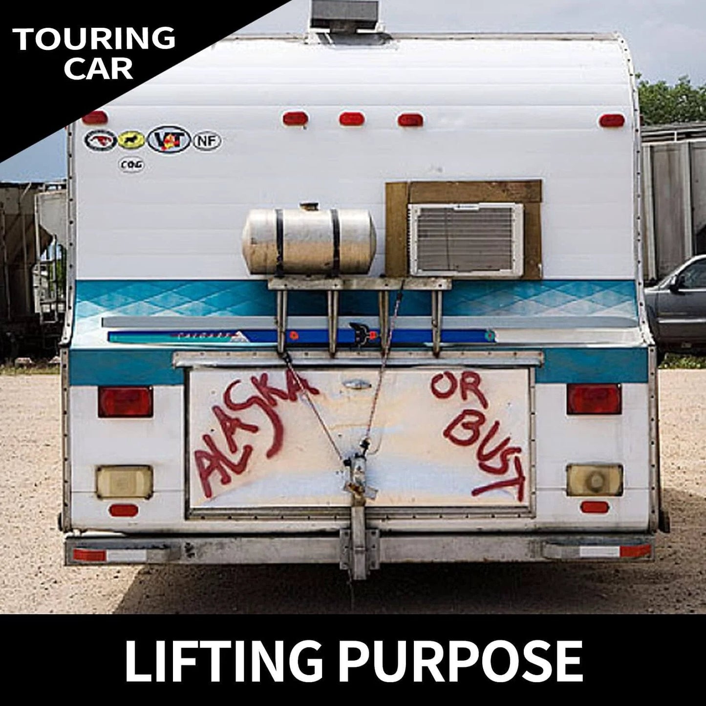 Back of a touring car with 'Alaska or Bust' sign, metal tank, and a mounted air conditioning unit.