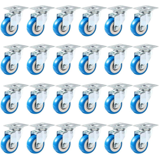 24 pack caster swivel plate with blue polyurethane wheels, 2 inch swivel casters with no brake designed for smooth and floor-safe movement