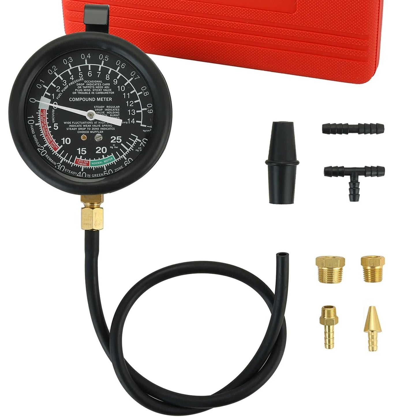 All In One Fuel Pump And Vacuum Tester Gauge Kit For Cars And Engines, Four In One Tests Include Fuel Pump Pressure, Fuel Pump Vacuum, Carburetor Intake Manifold, And Overall Vacuum System, Red, close-up view of gauge and accessories.