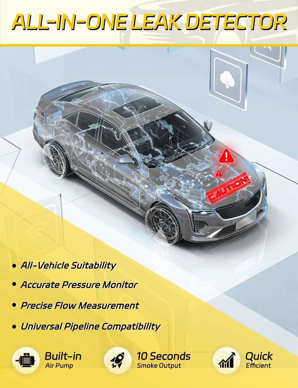 Professional Car Smoke Machine For Leak Detection And EVAP System Testing, 12V DC Portable Smoke Tester for Exhaust and Vacuum Lines SD302 Solary on a vehicle.