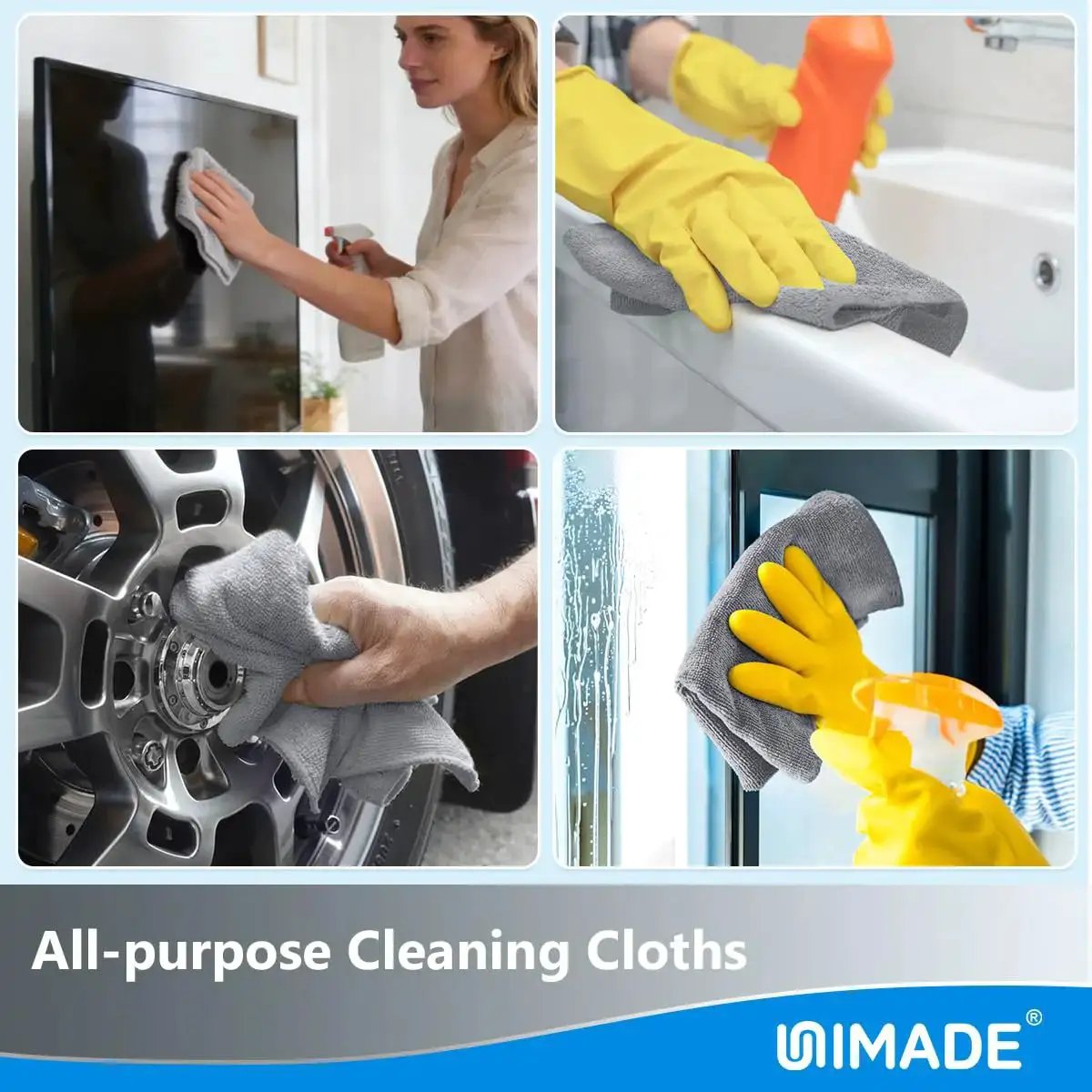 Microfiber Cleaning Cloths 100 Sheets 11x9 Grey Lint Free For Garage Auto Care used on various surfaces including sink, tire, and window.