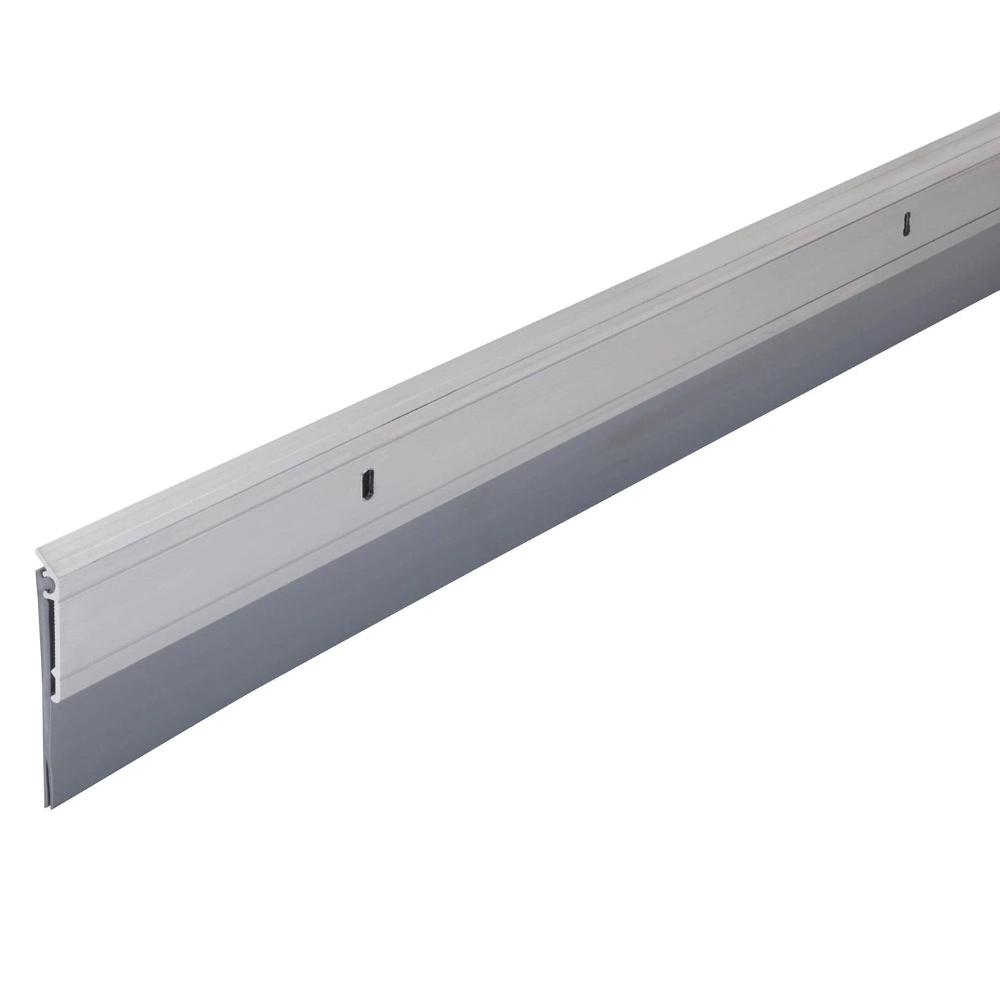 All Season Door Sweep With Heavy Duty Aluminum Carrier And Thick Vinyl Fin 36 Inch Silver close-up view of aluminum and vinyl materials.