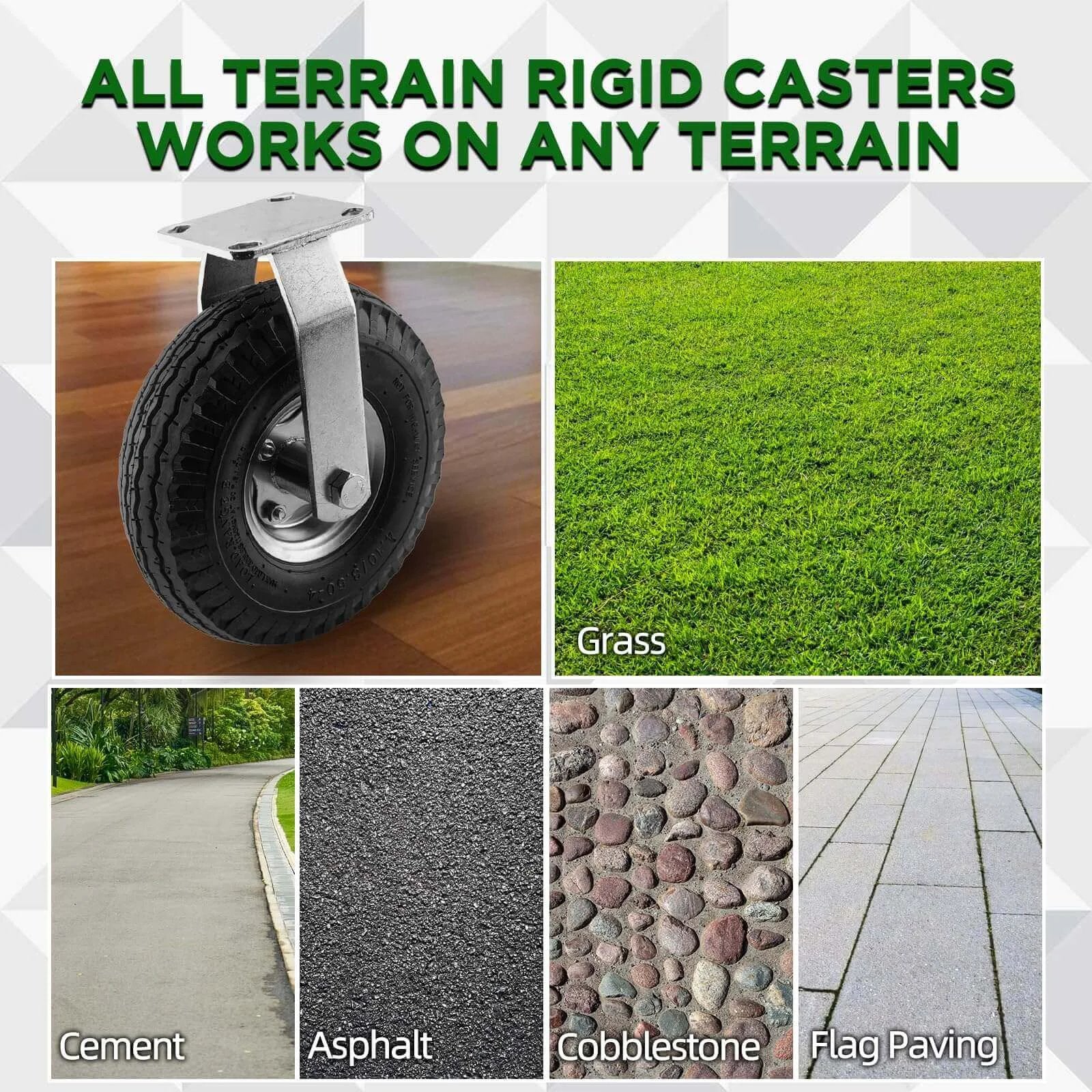 10 inch pneumatic rigid caster wheels in a 2 pack with all terrain rubber tires, zinc top plate design rated 600 lbs on various surfaces.