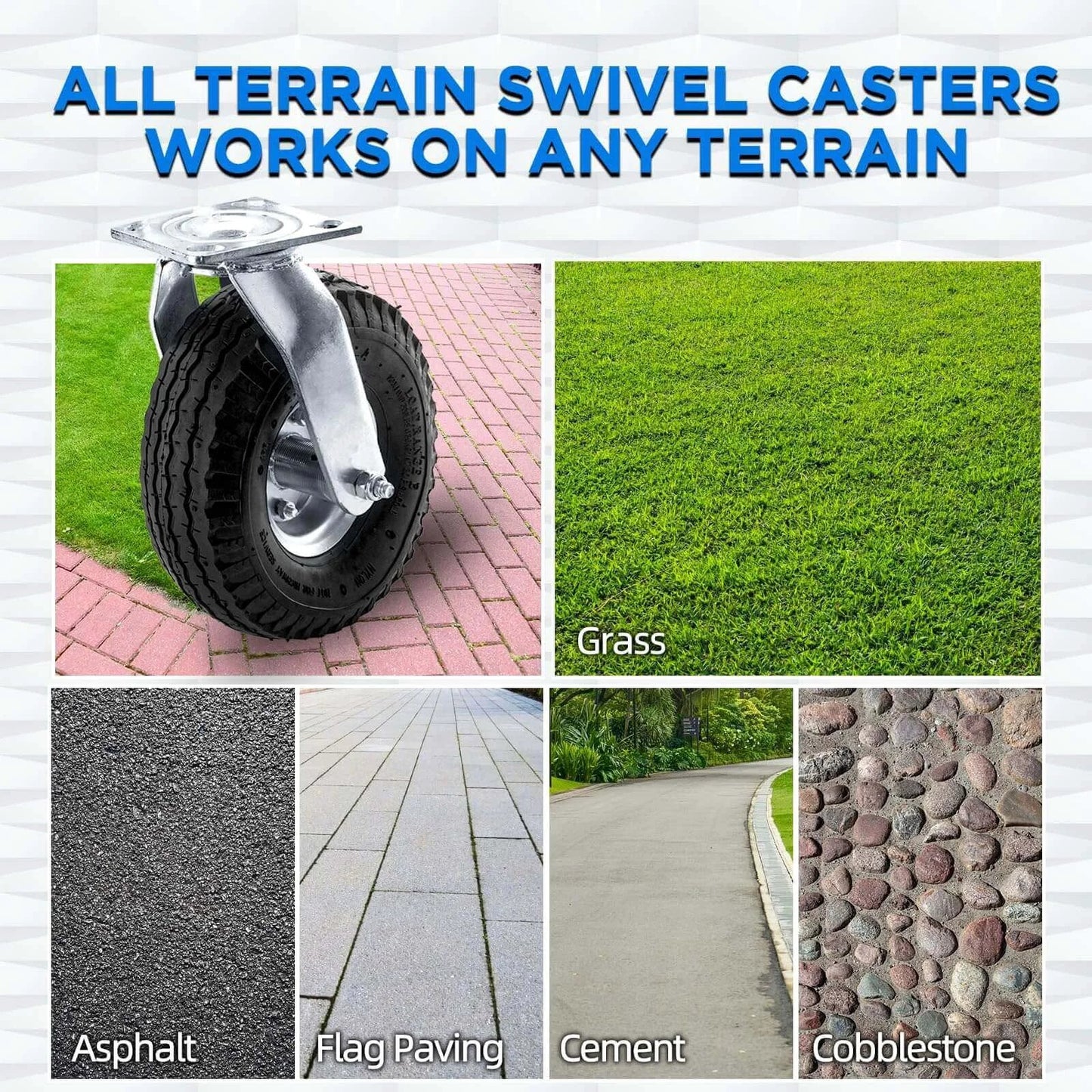 10 inch pneumatic swivel caster wheels in a 2 pack with air filled rubber tires, zinc top plate on various terrains.