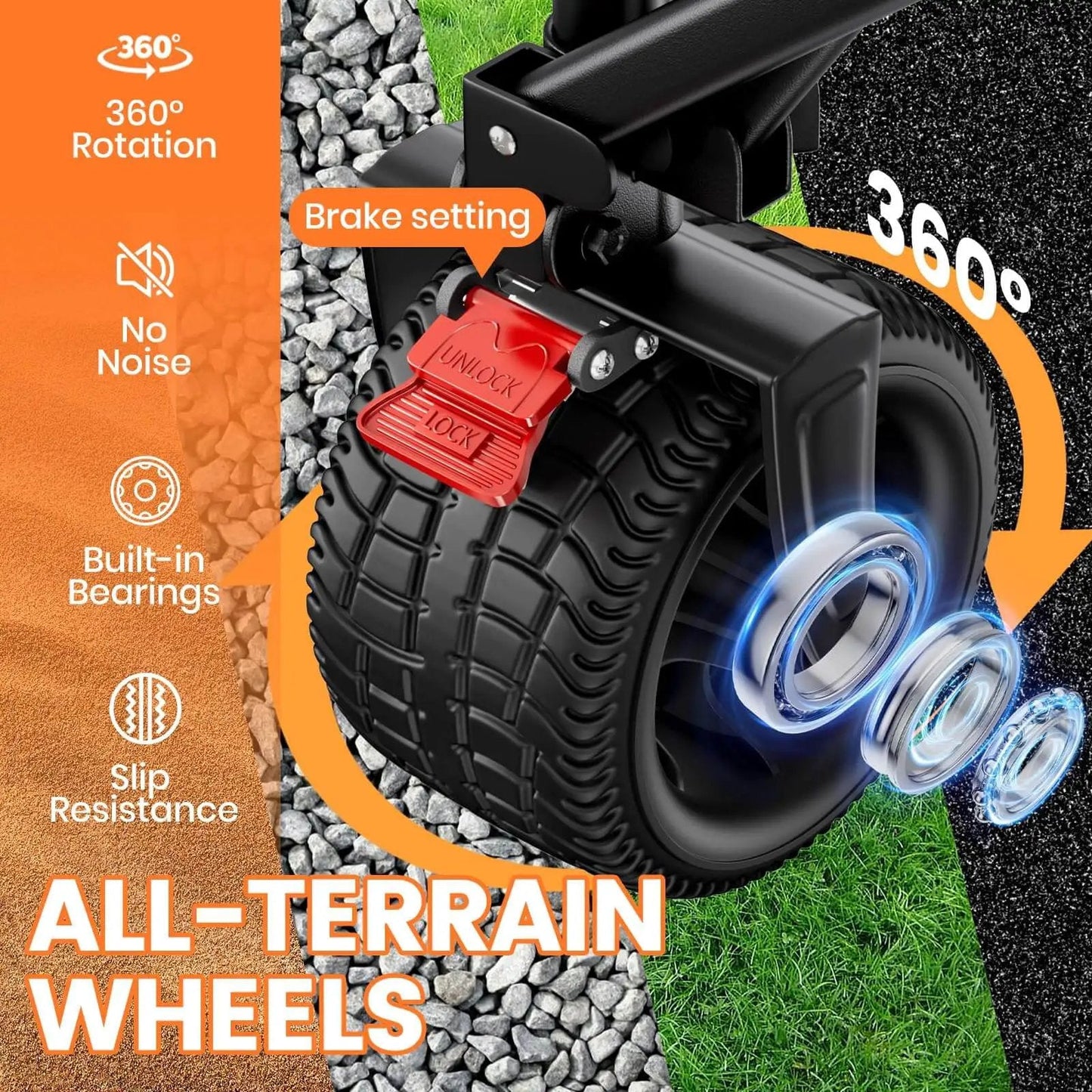Close-up of heavy duty collapsible wagon cart with 570 pound capacity and big all terrain wheels for beach camping