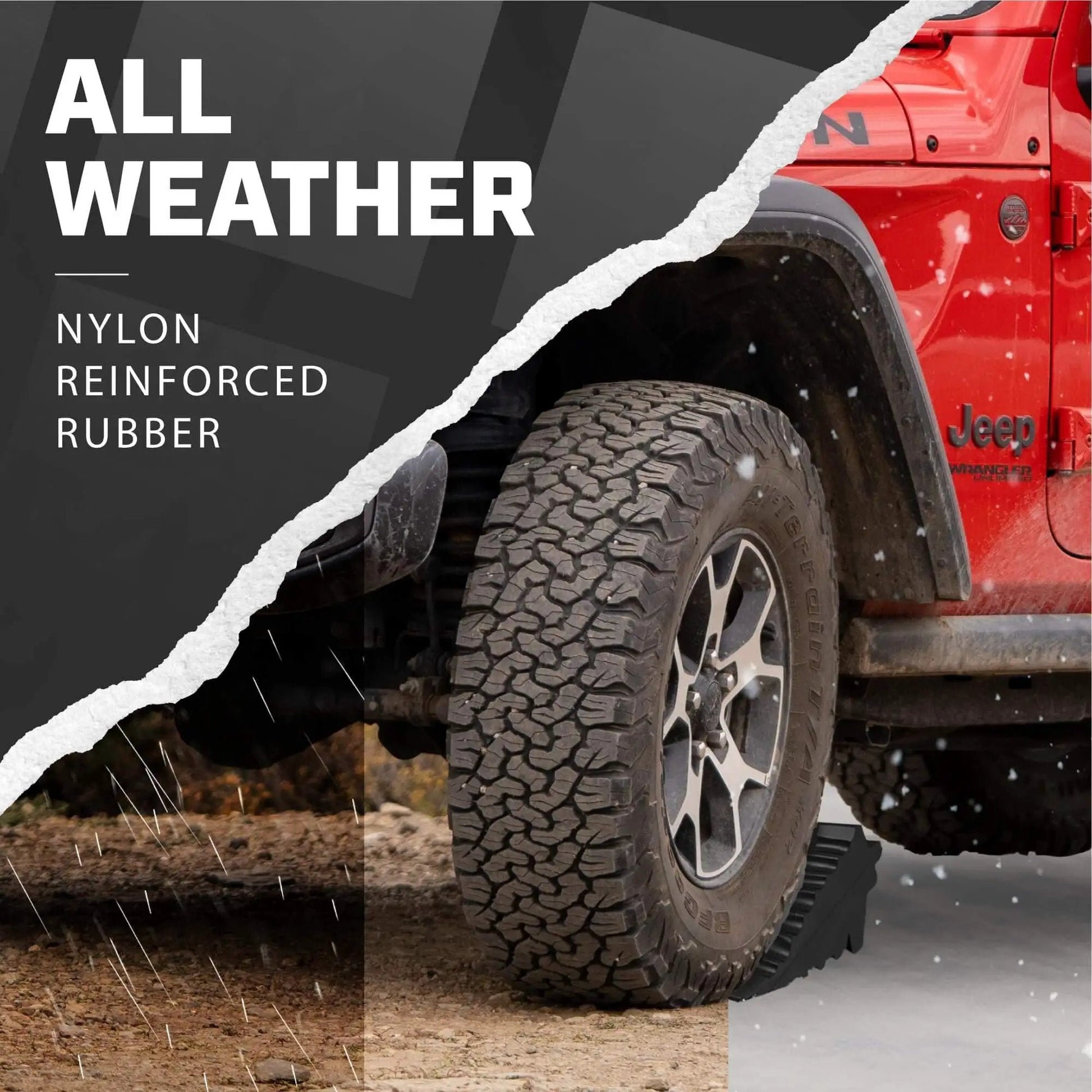Side view of a red Jeep with 4 Pack Wheel Chocks For Cars, RVs, Trucks And Trailers Up To 8T GVW in place on a wet surface.