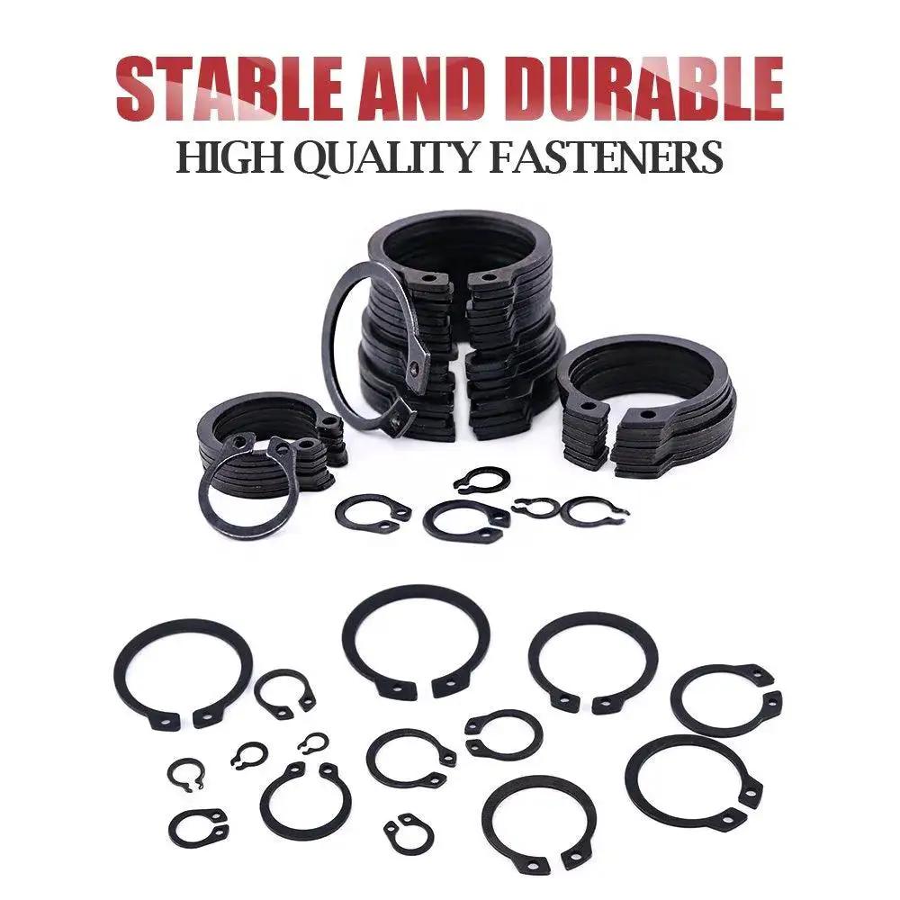 Alloy Steel External Snap Ring Assortment Kit, 300-Piece, 15-Size Set From 4mm To 28mm displayed with various ring sizes and a case.