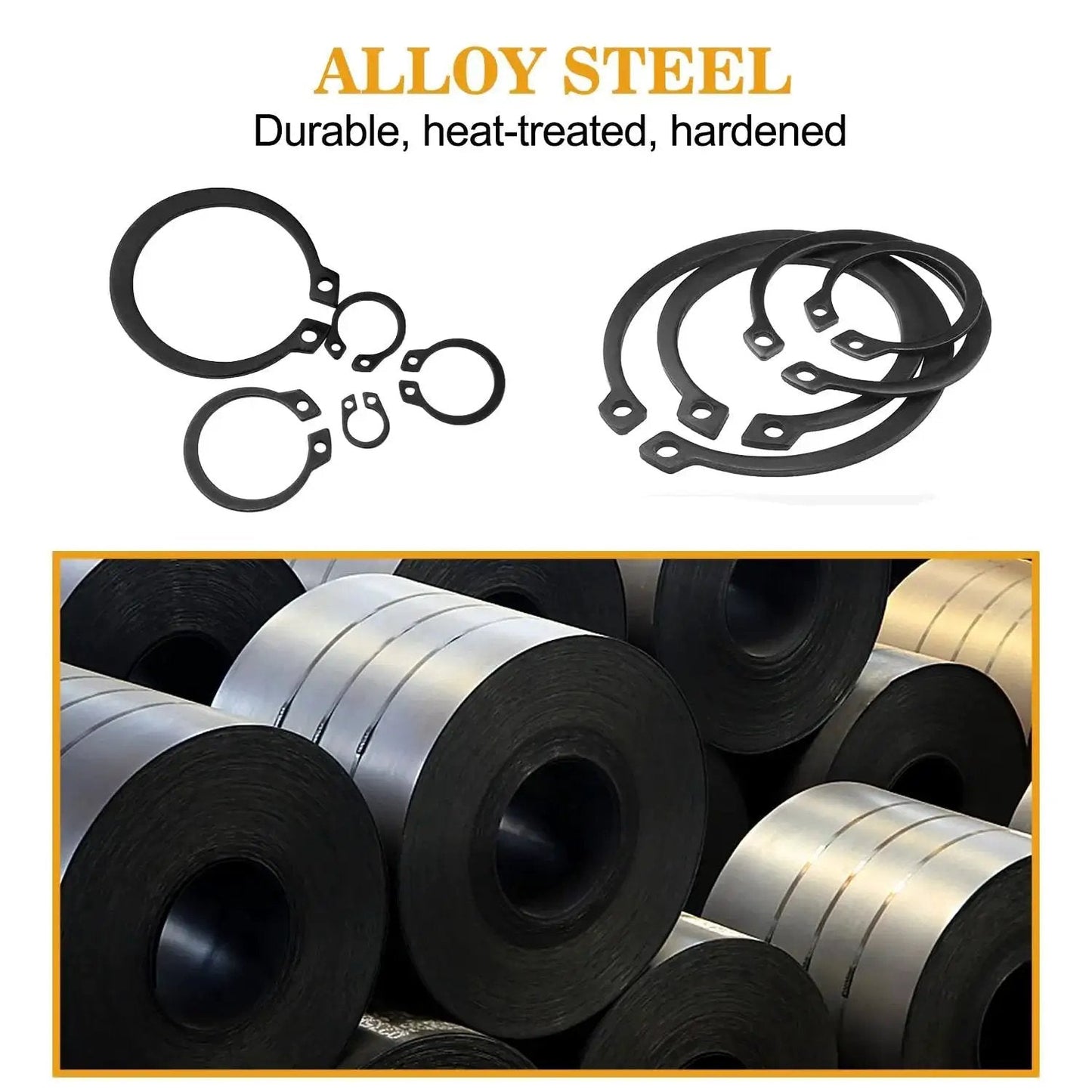 315 Piece Snap Ring Set For External Circlips In 15 Sizes Alloy Steel Heat Treated Retaining Rings Kit shown with steel rolls