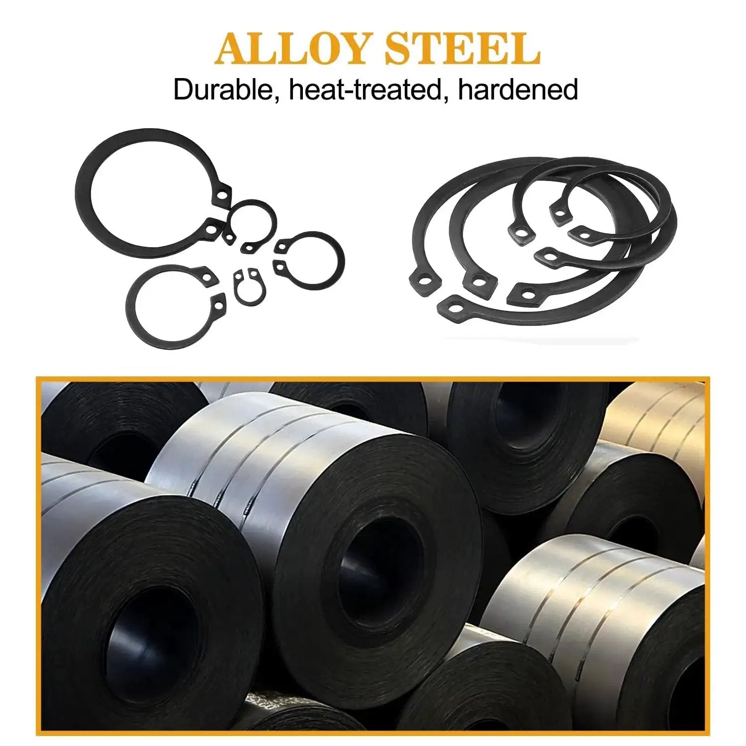 315 Piece Snap Ring Set For External Circlips In 15 Sizes Alloy Steel Heat Treated Retaining Rings Kit shown with steel rolls