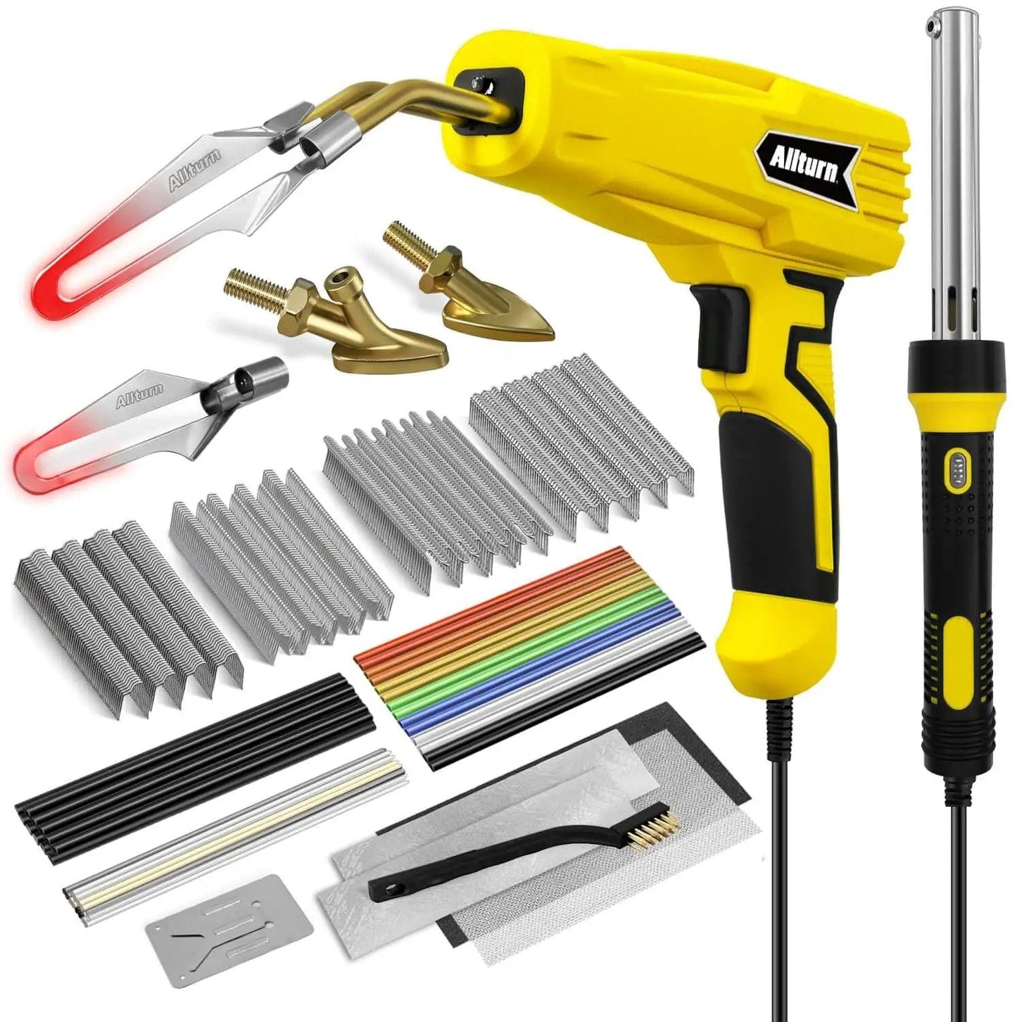 3 In 1 Plastic Welder Kit With 110V Power 1000 Staples And Welding Rods Versatile Repair Tool For Car Bumpers Dashboards Radiators And Thermoset Plastics By Allturn showing welding tool, staples, rods, and accessories in yellow color