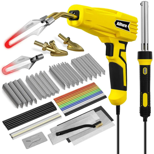 3 In 1 Plastic Welder Kit With 110V Power 1000 Staples And Welding Rods Versatile Repair Tool For Car Bumpers Dashboards Radiators And Thermoset Plastics By Allturn showing welding tool, staples, rods, and accessories in yellow color